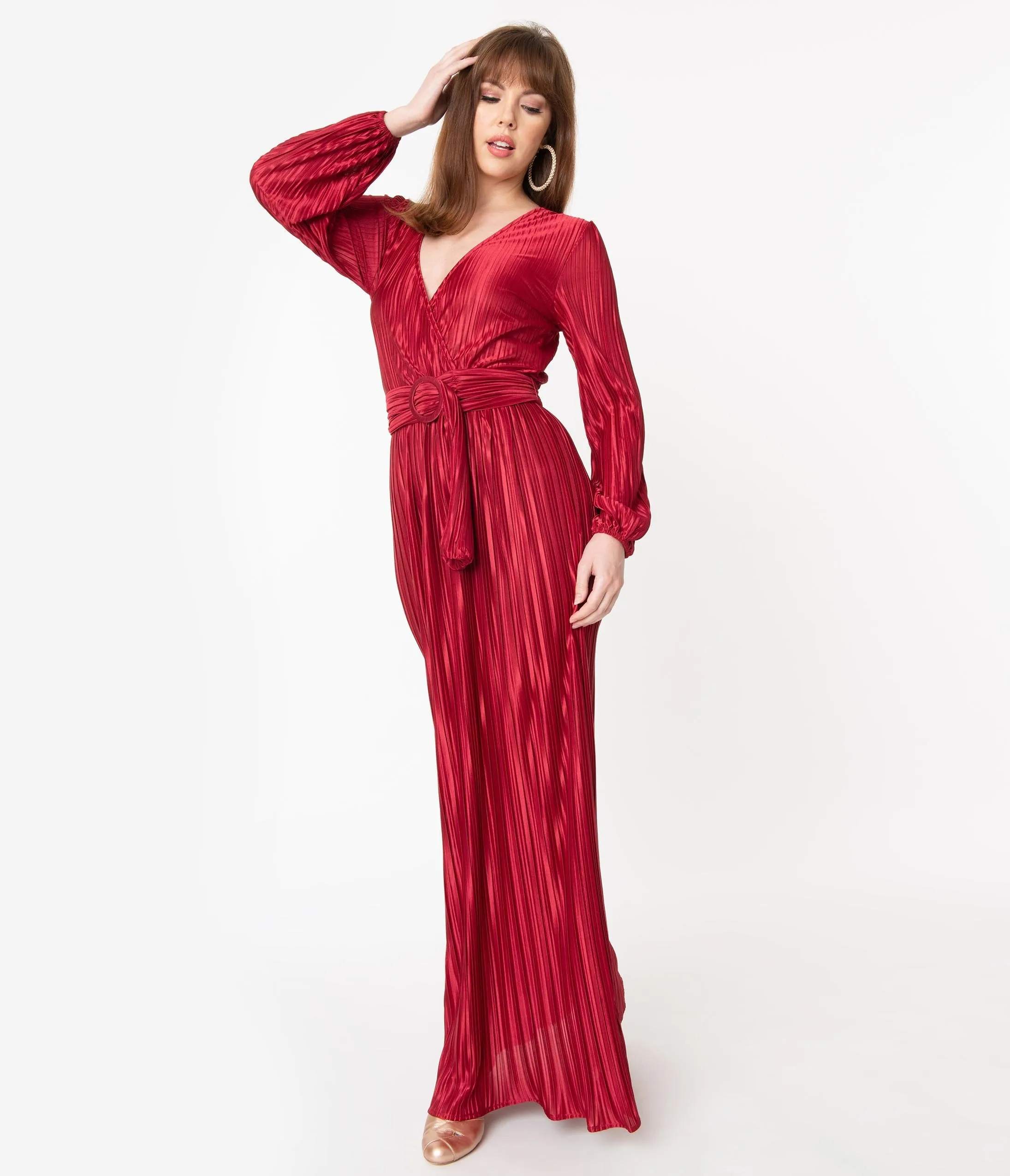 Retro Style Burgundy Pleated Maxi Dress