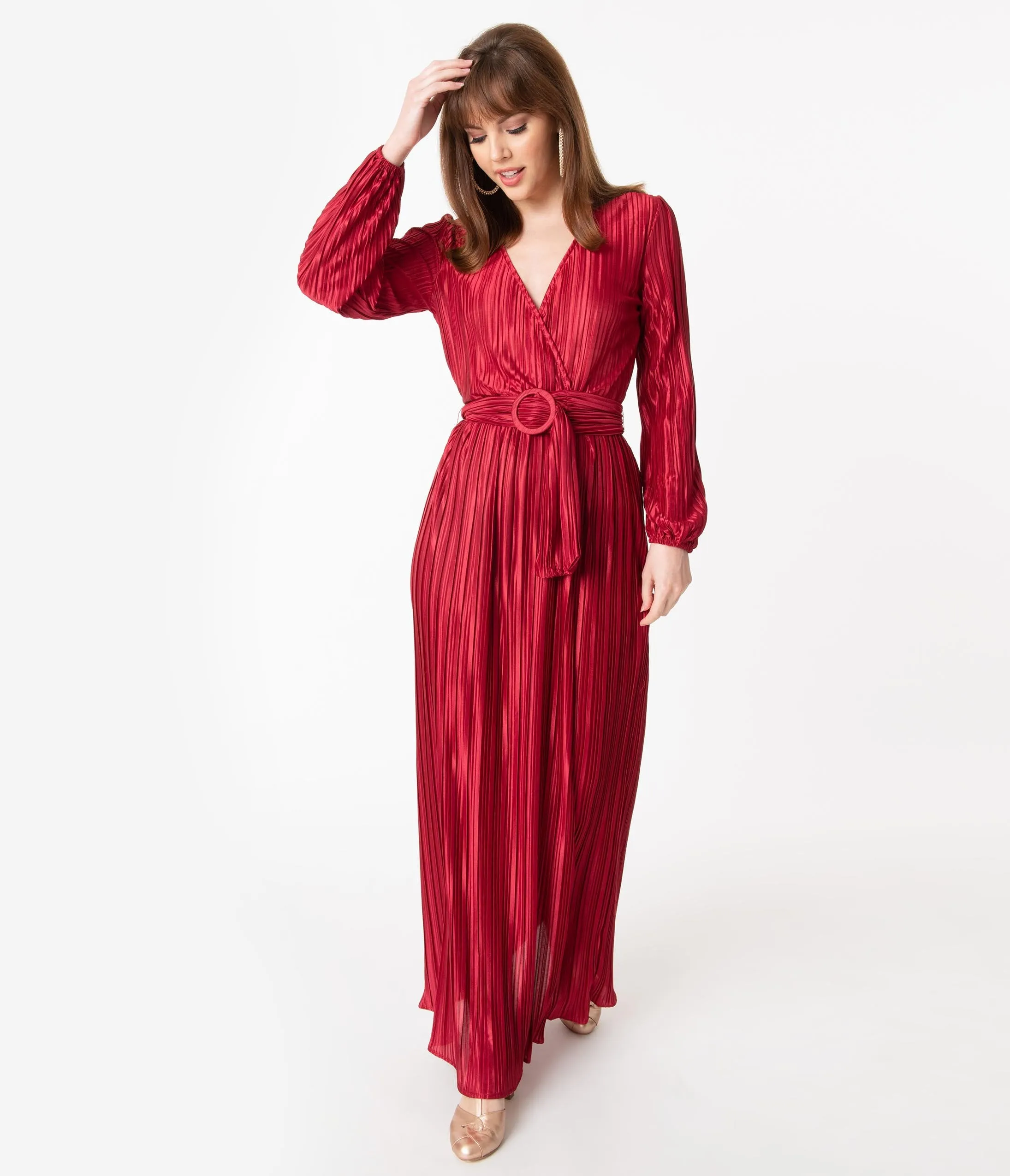 Retro Style Burgundy Pleated Maxi Dress