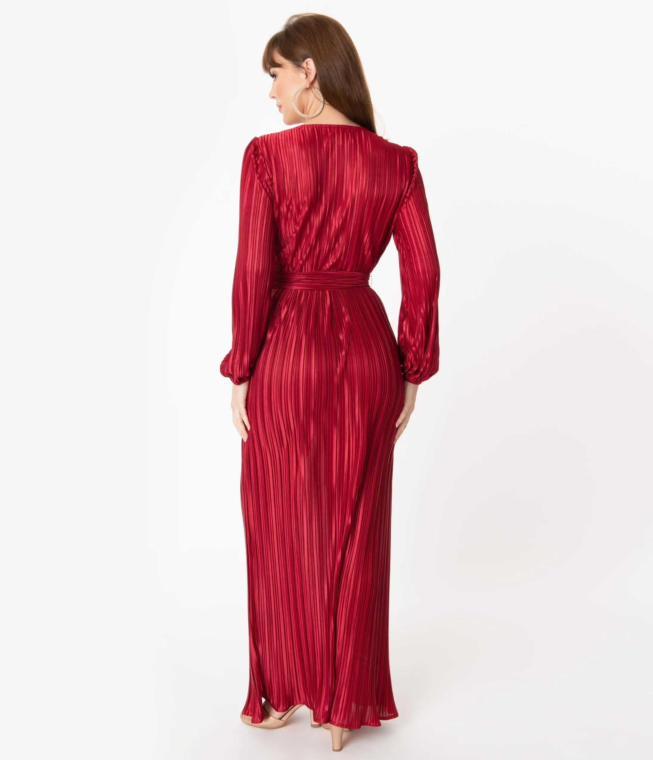 Retro Style Burgundy Pleated Maxi Dress