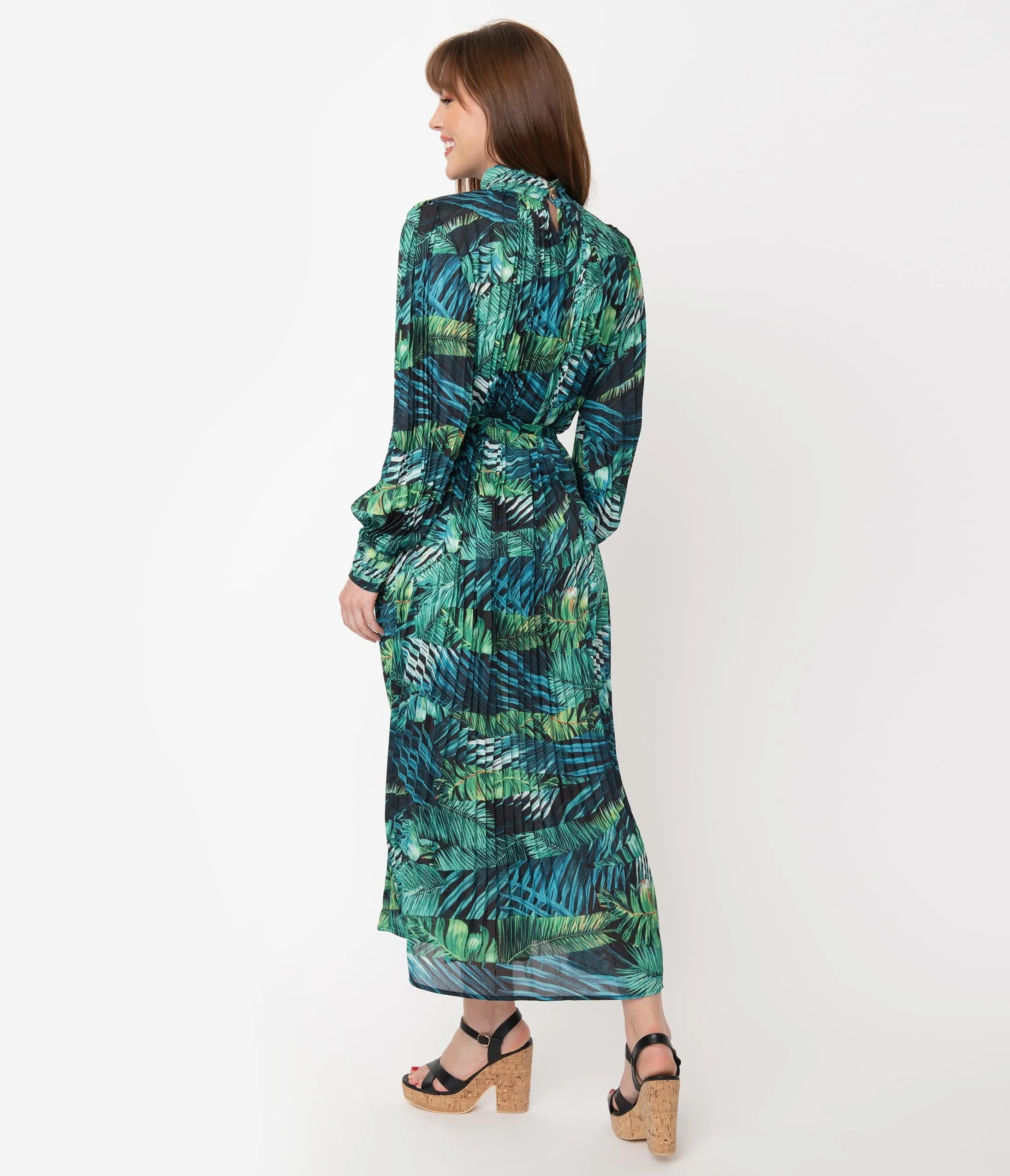 Retro Style Green Tropical Palm Print Maxi Dress