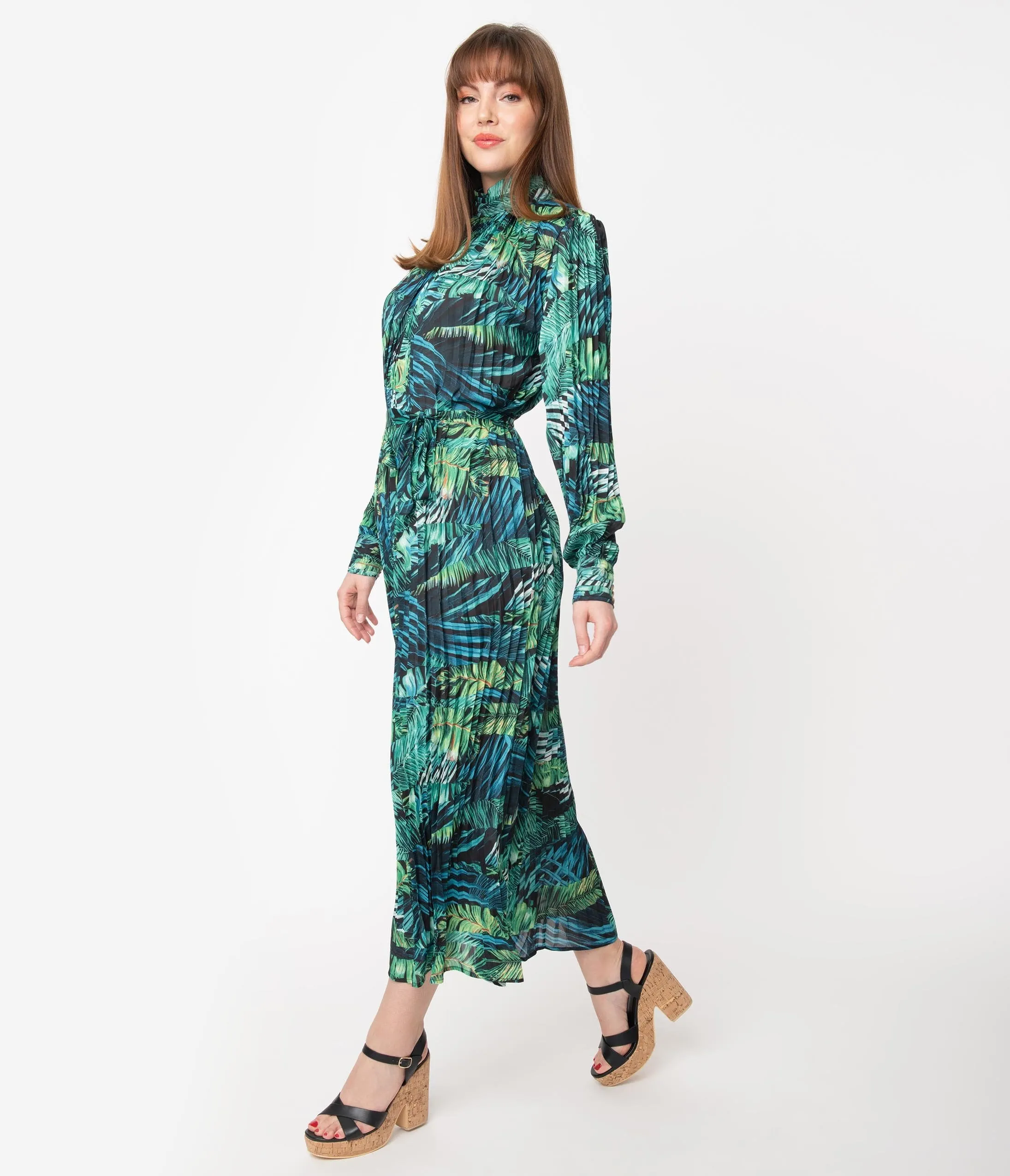 Retro Style Green Tropical Palm Print Maxi Dress