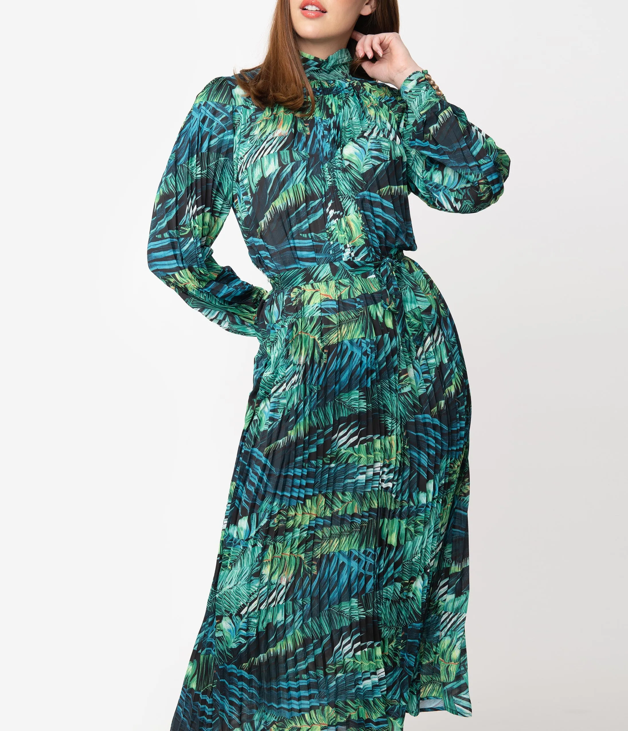 Retro Style Green Tropical Palm Print Maxi Dress