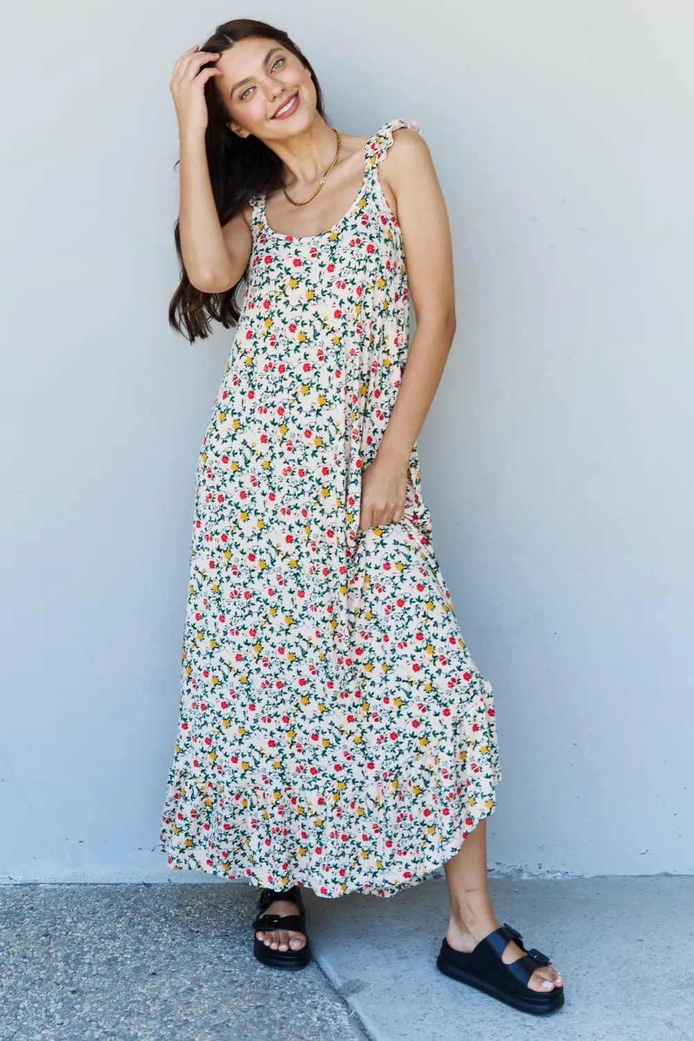 Ruffle Floral Maxi Dress in Natural Rose