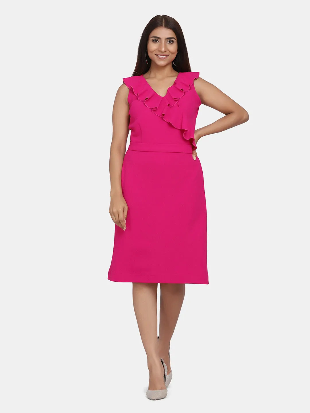 Ruffle Neckline Evening  Women's Formal Dress - Fuchsia