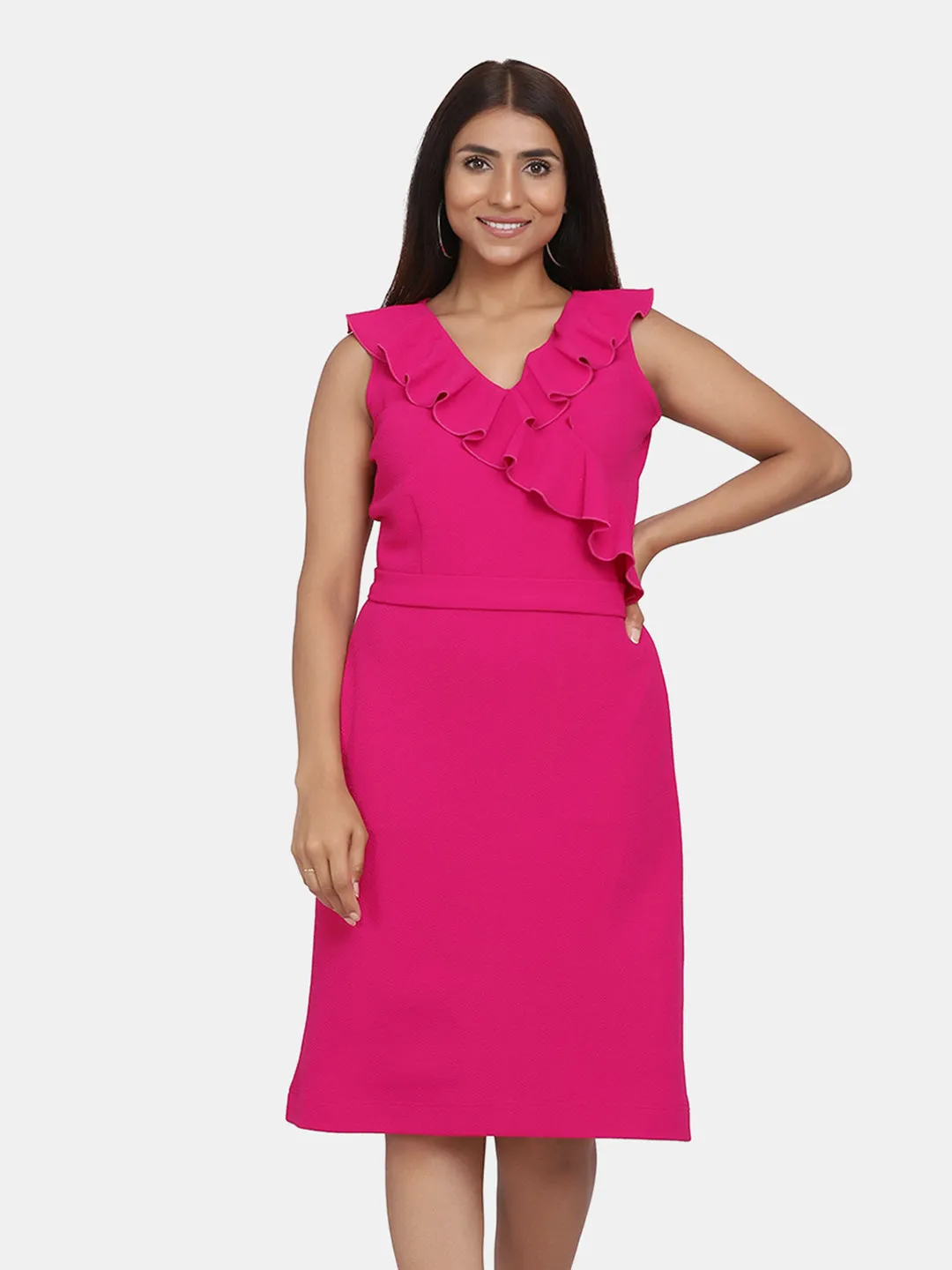 Ruffle Neckline Evening  Women's Formal Dress - Fuchsia