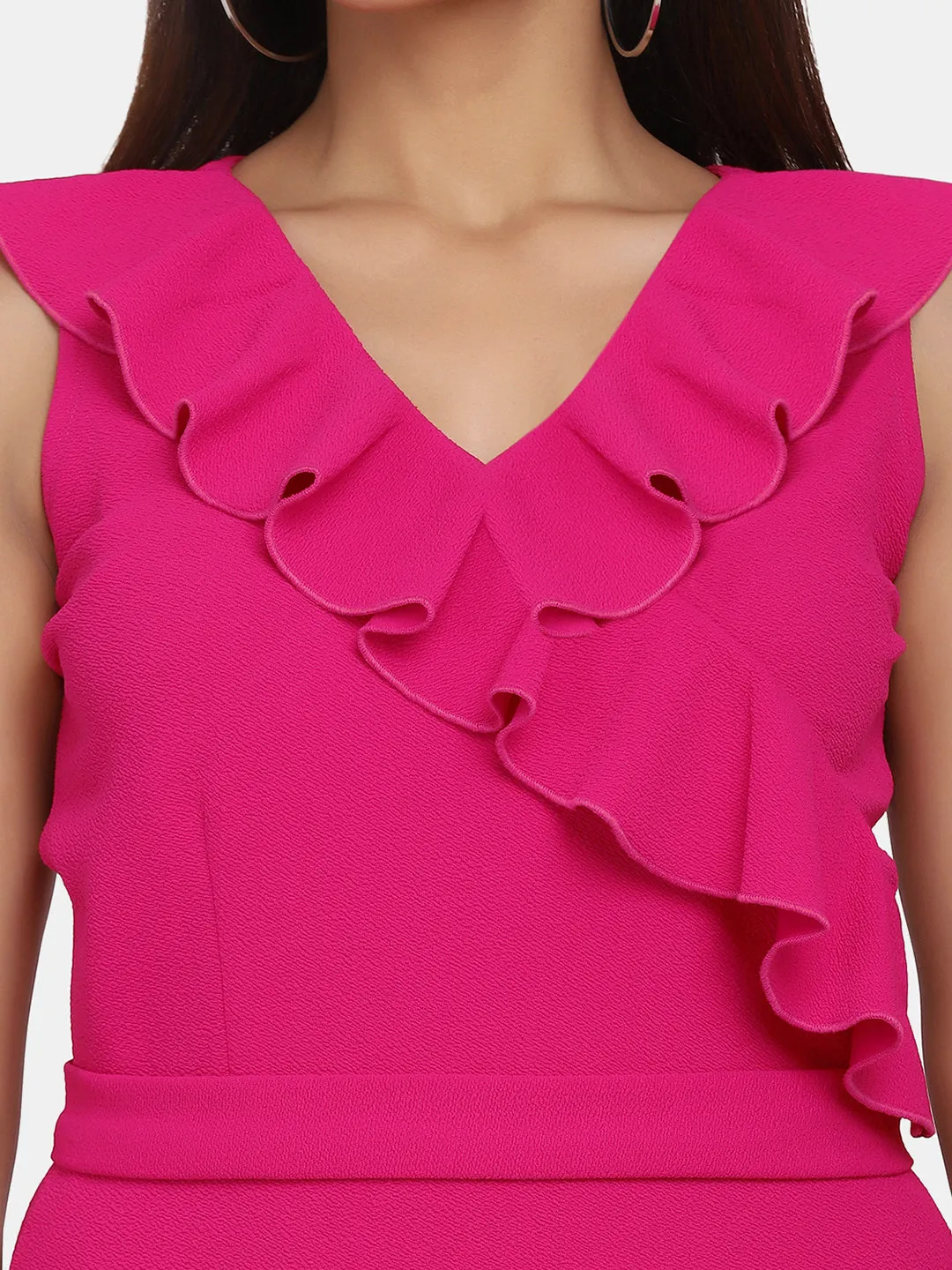 Ruffle Neckline Evening  Women's Formal Dress - Fuchsia