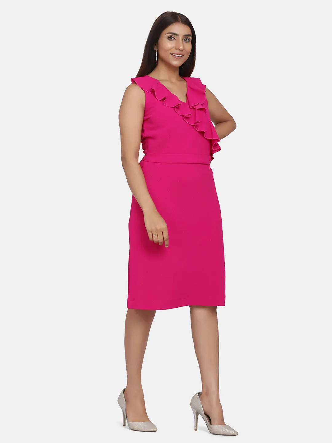 Ruffle Neckline Evening  Women's Formal Dress - Fuchsia