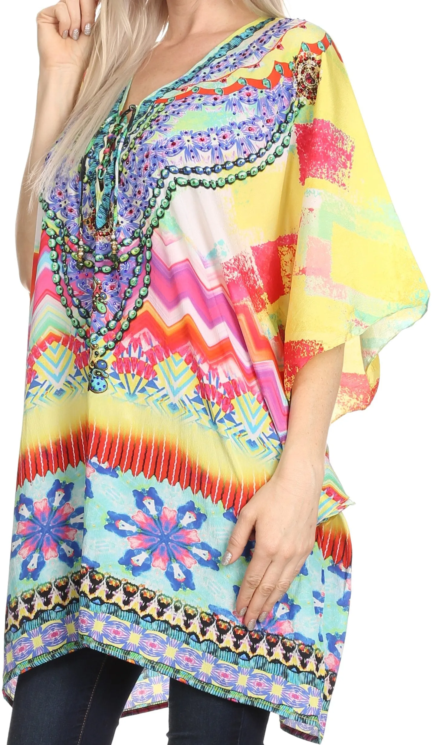 Sakkas Journie Short Printed Wide Sleeve Plunging V-Neck Lace-Up Kaftan Tunic Top