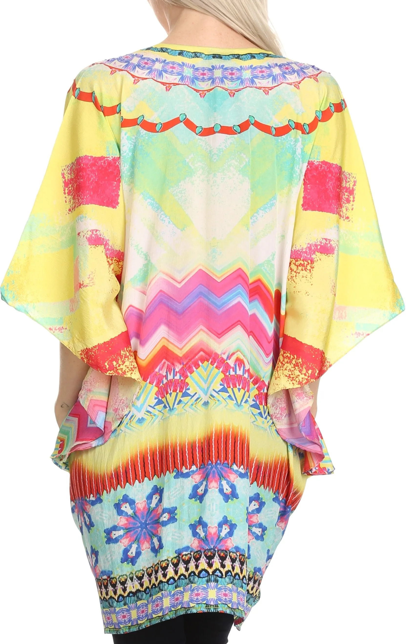 Sakkas Journie Short Printed Wide Sleeve Plunging V-Neck Lace-Up Kaftan Tunic Top