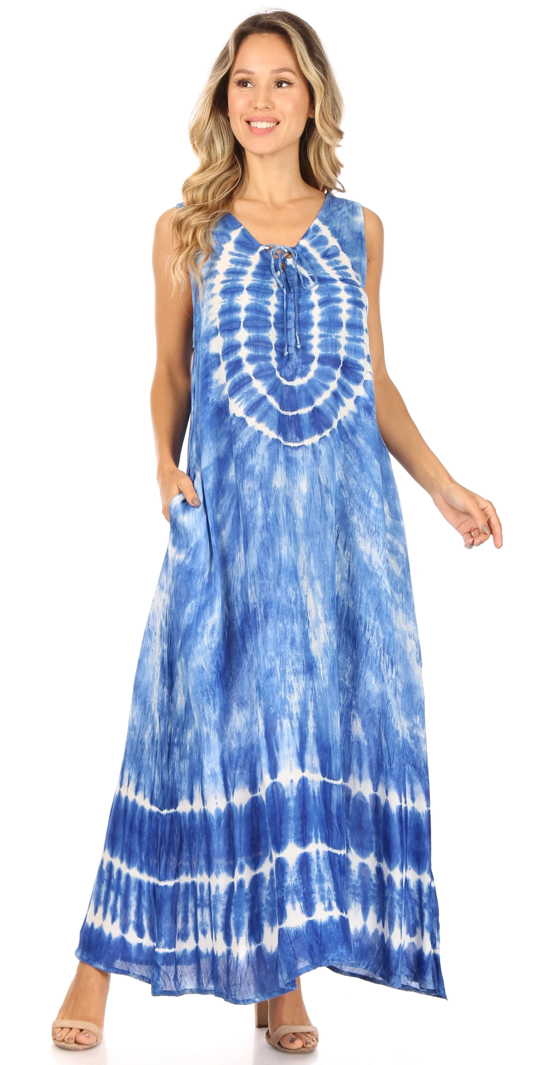 Sakkas Leonor Women's Maxi Sleeveless Tank Long Print Dress with Pockets and Ties