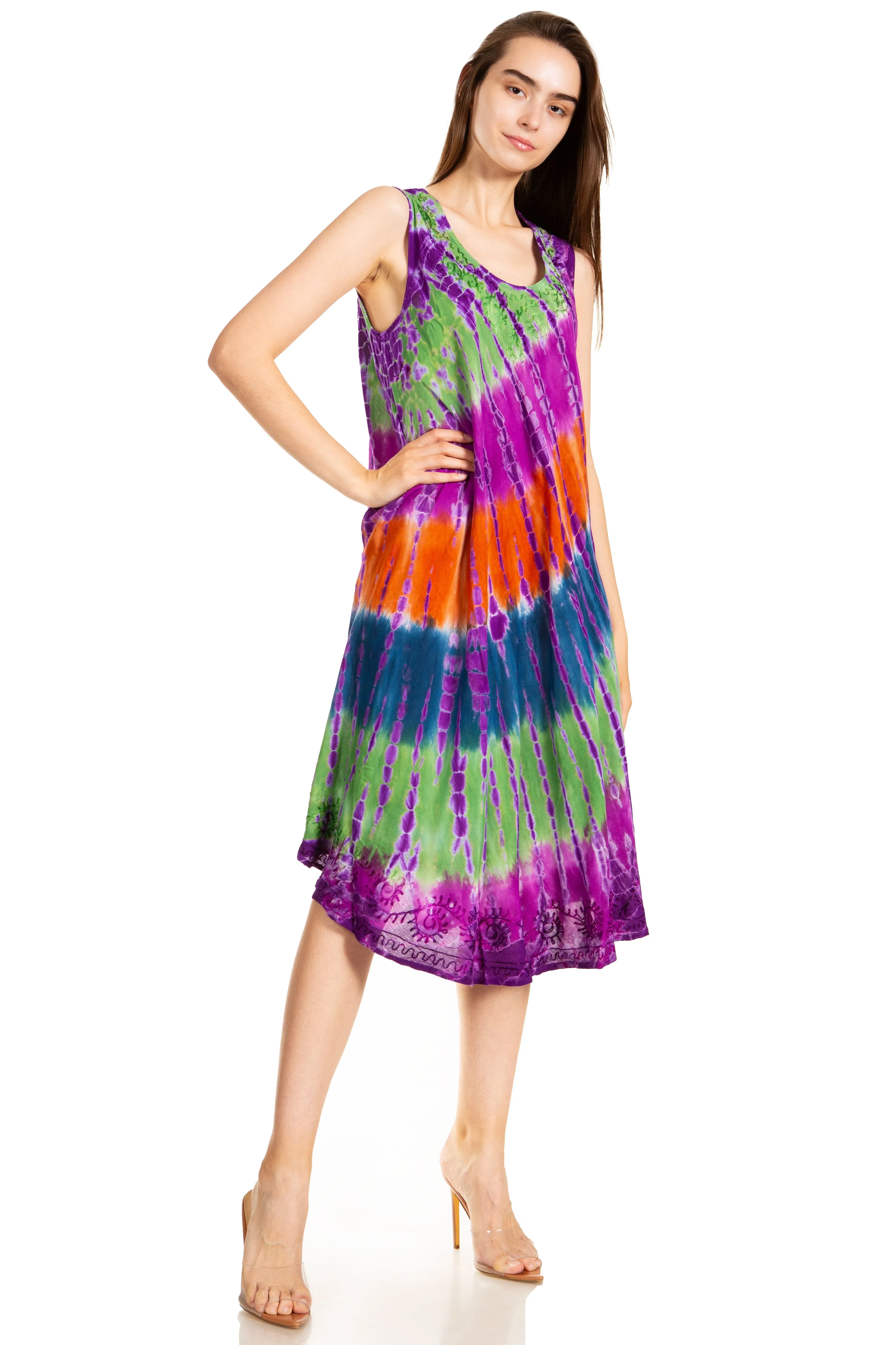 Sakkas Nora Sleeveless Embroidered Short Tie Dye Caftan Dress / Cover Up