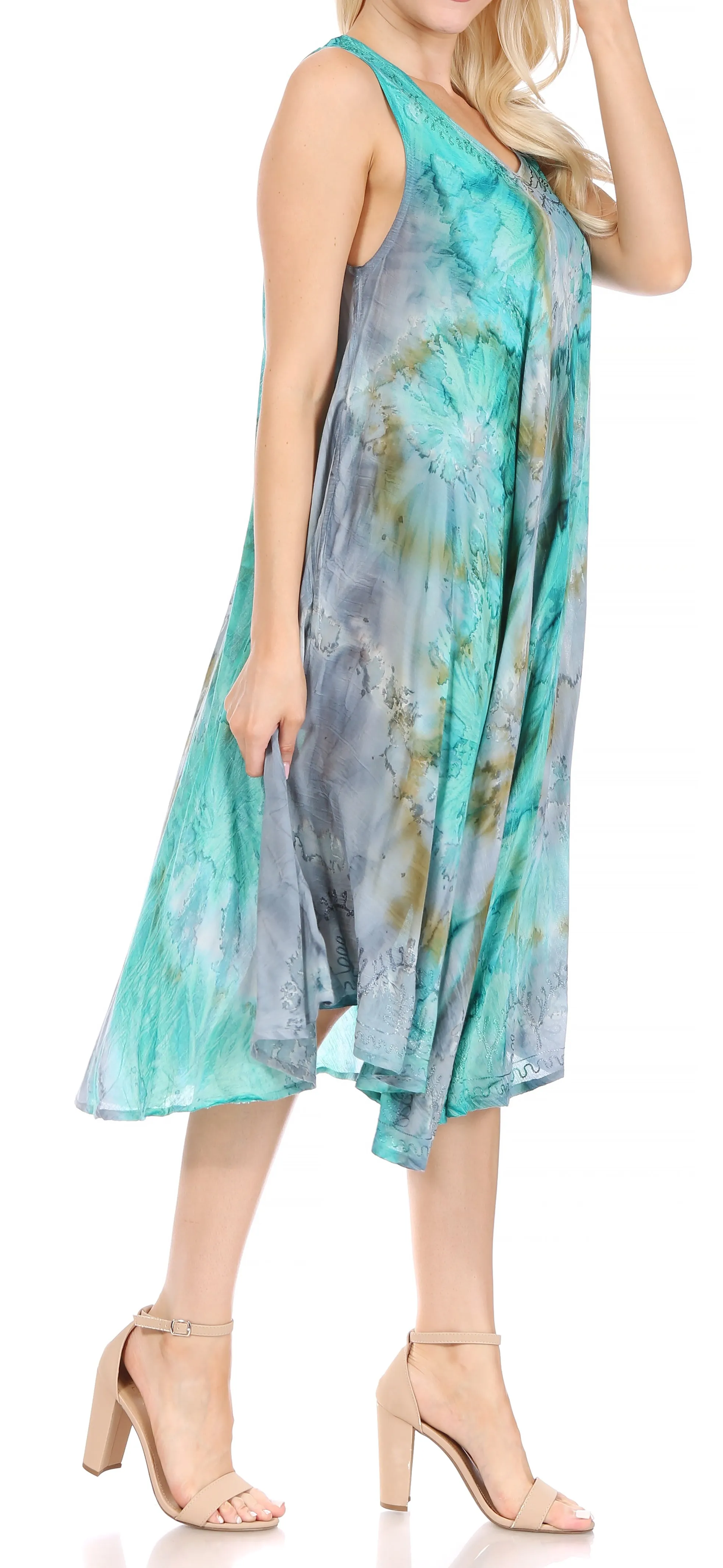 Sakkas Nora Sleeveless Embroidered Short Tie Dye Caftan Dress / Cover Up