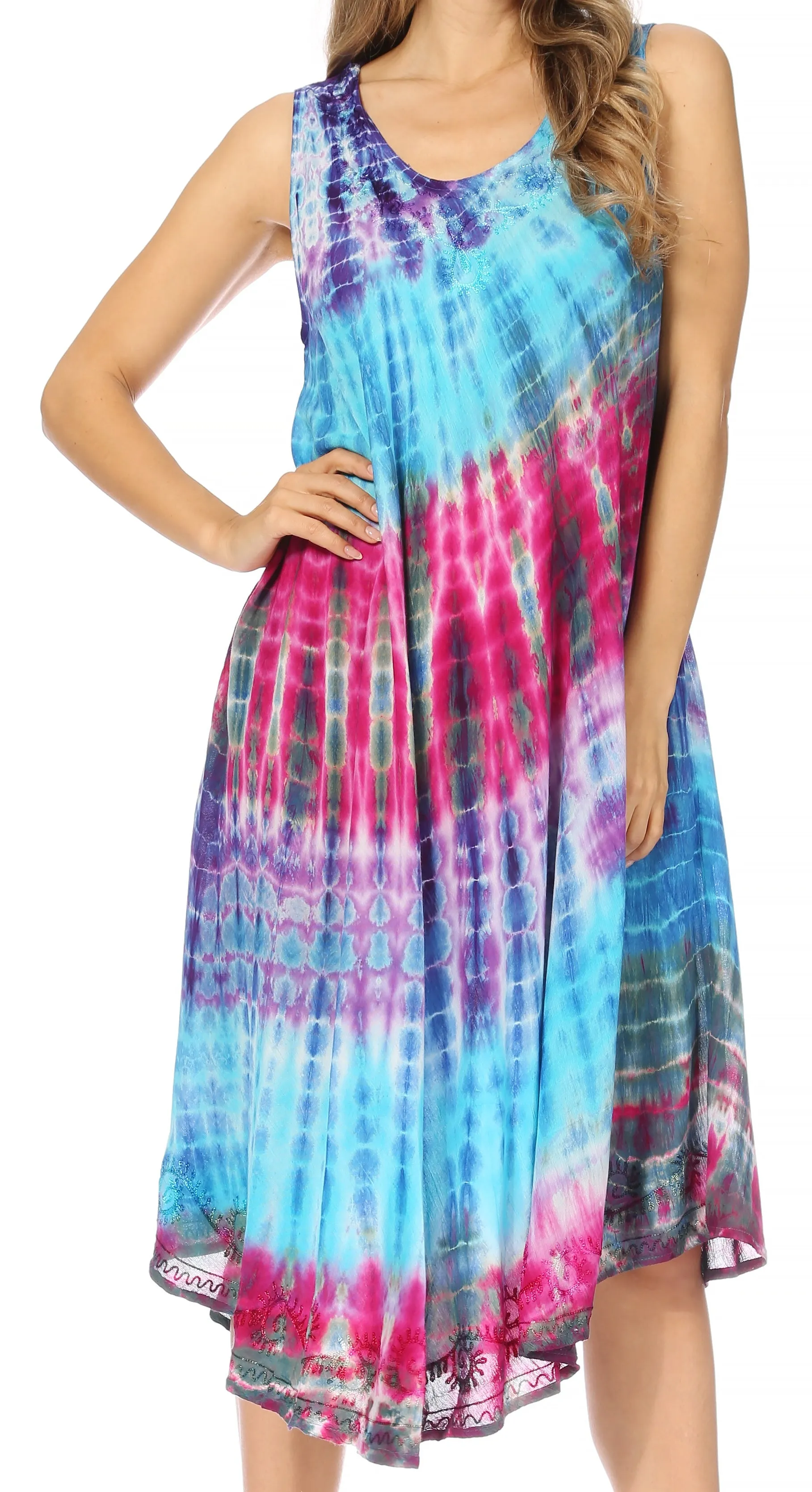 Sakkas Nora Sleeveless Embroidered Short Tie Dye Caftan Dress / Cover Up