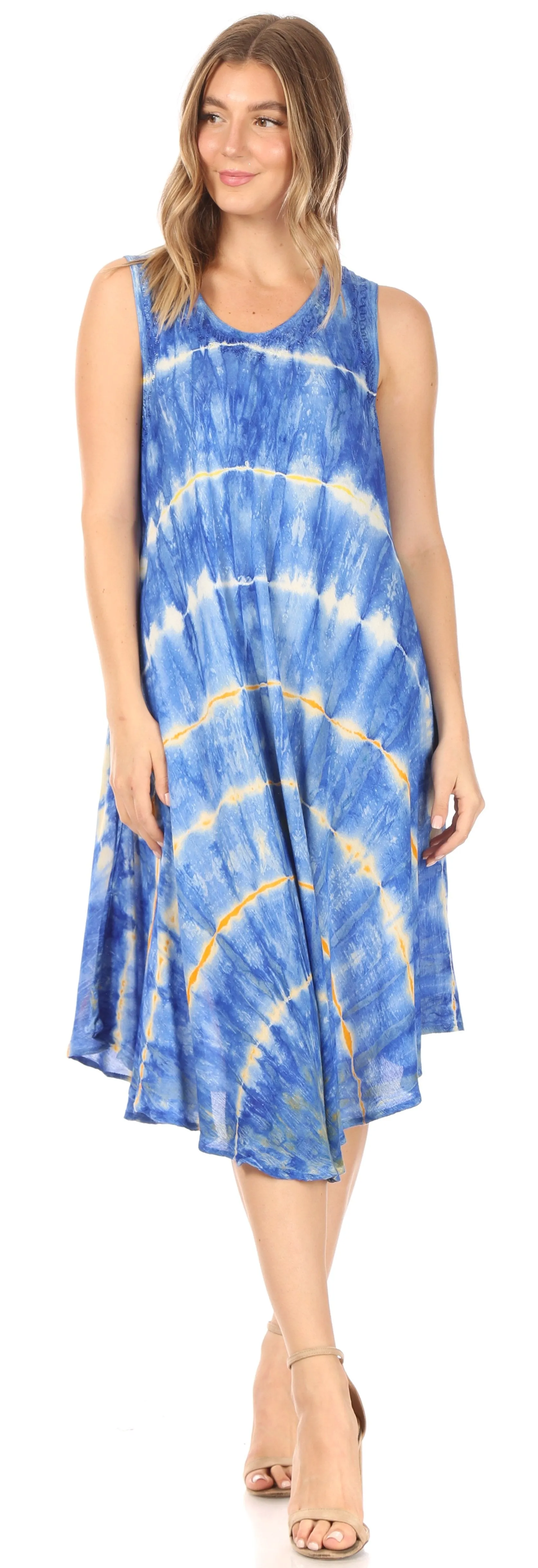 Sakkas Nora Sleeveless Embroidered Short Tie Dye Caftan Dress / Cover Up