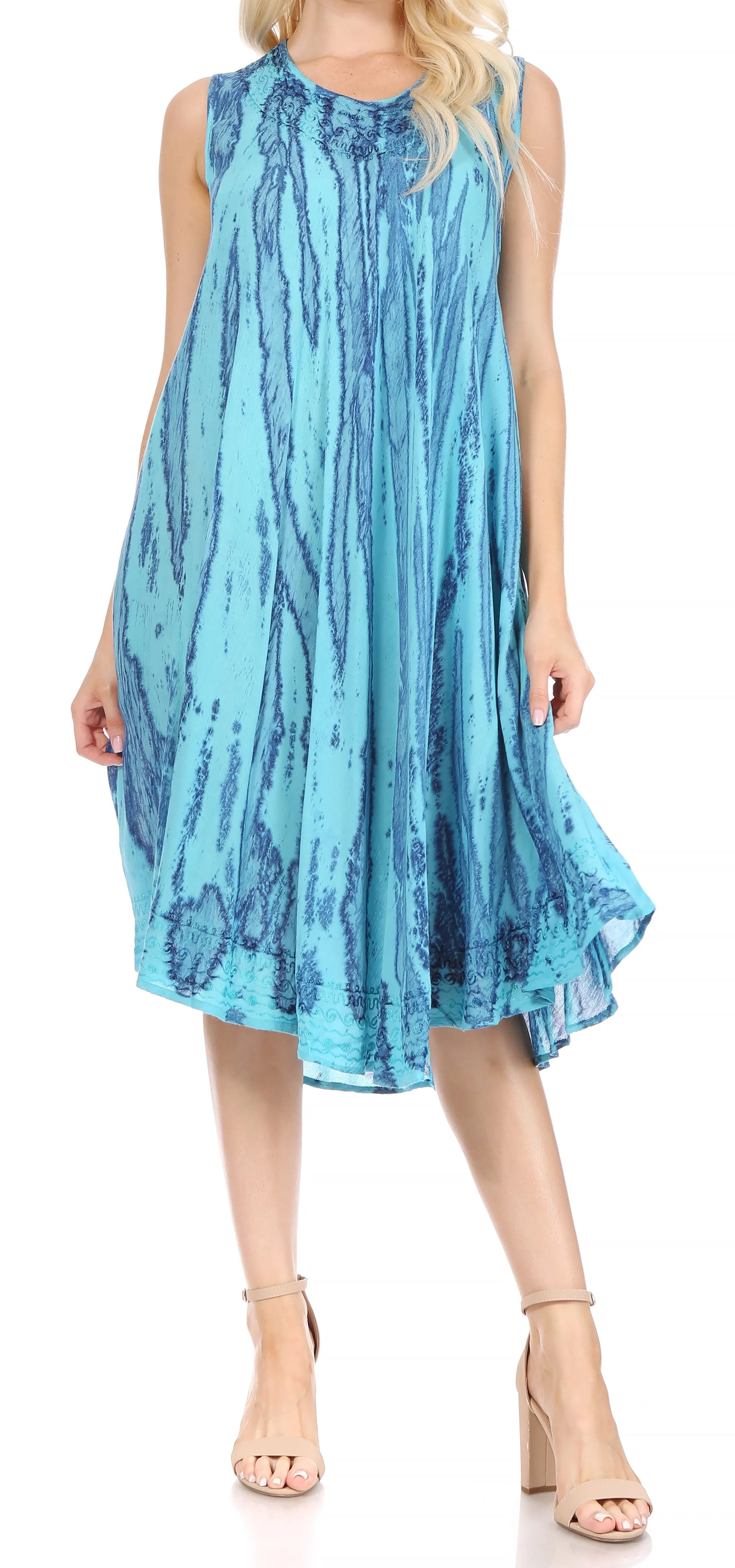 Sakkas Nora Sleeveless Embroidered Short Tie Dye Caftan Dress / Cover Up