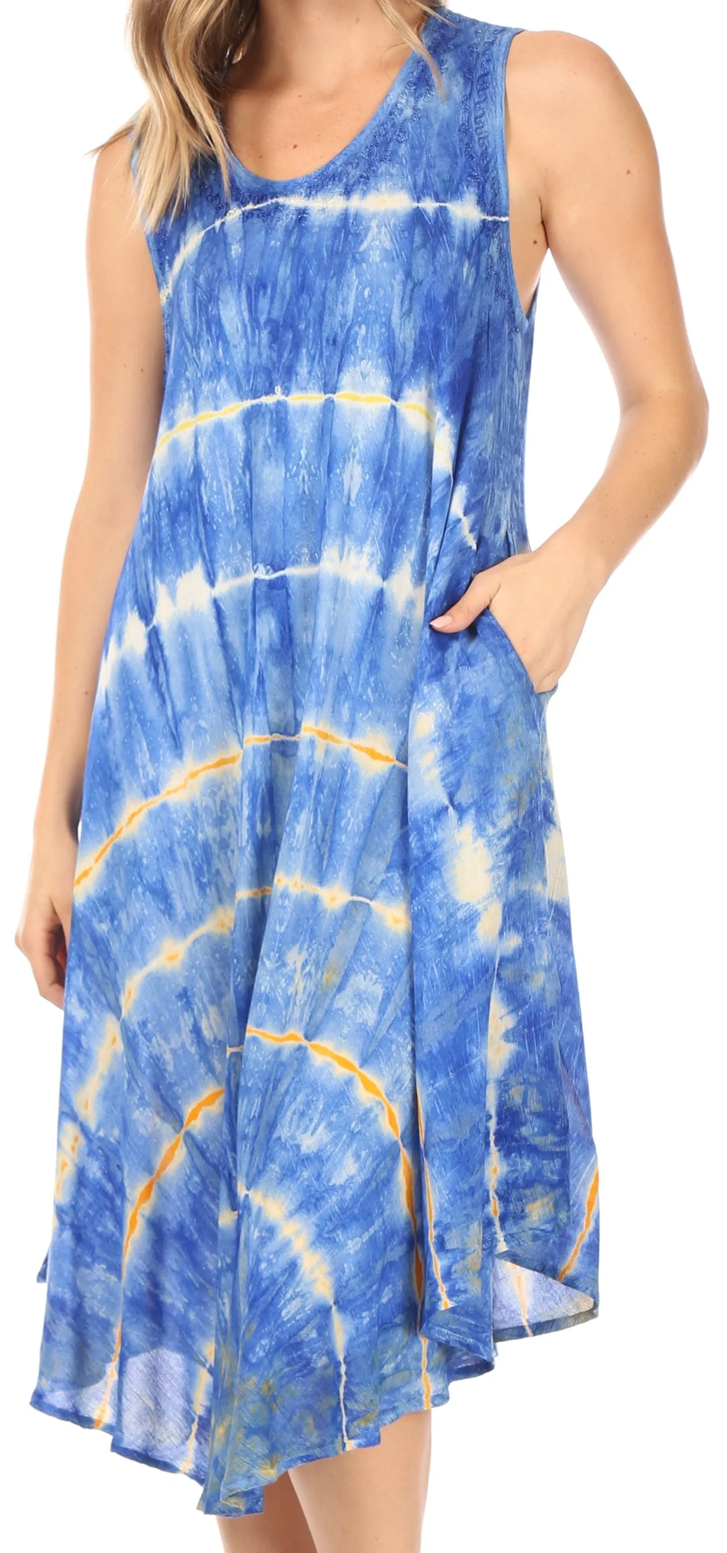 Sakkas Nora Sleeveless Embroidered Short Tie Dye Caftan Dress / Cover Up