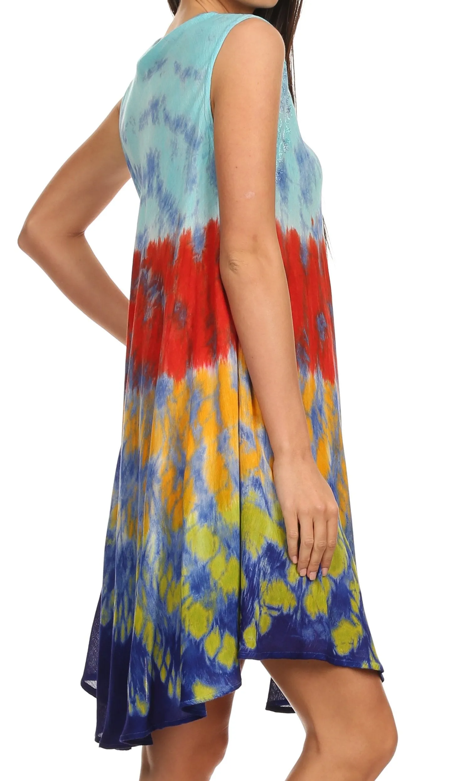 Sakkas Nora Sleeveless Embroidered Short Tie Dye Caftan Dress / Cover Up