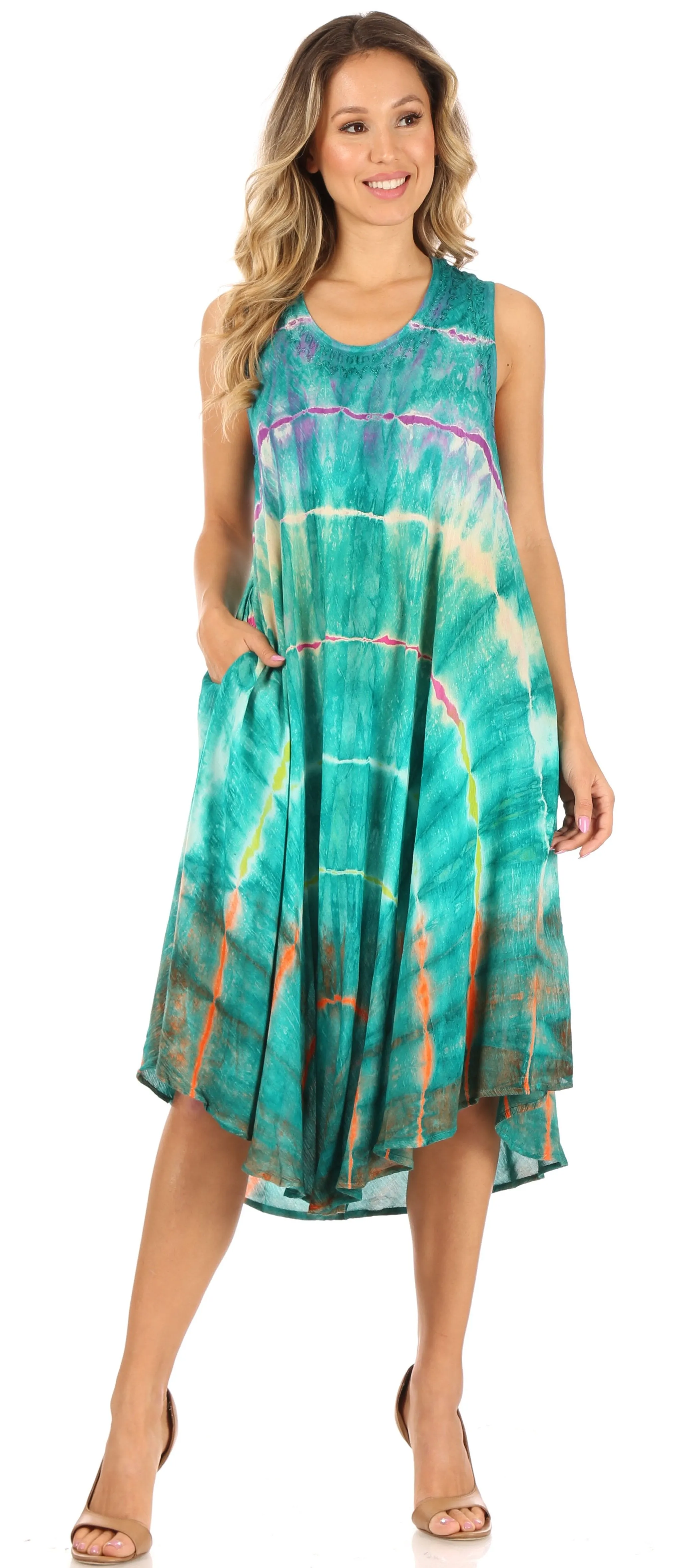 Sakkas Nora Sleeveless Embroidered Short Tie Dye Caftan Dress / Cover Up