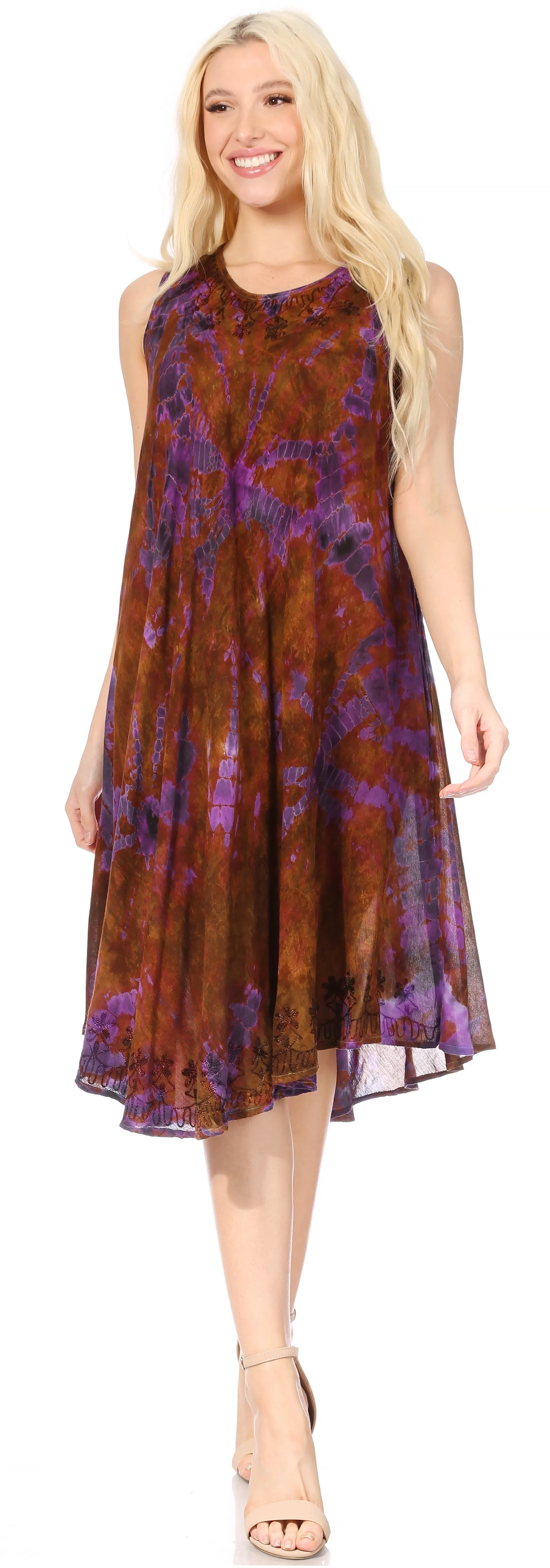 Sakkas Nora Sleeveless Embroidered Short Tie Dye Caftan Dress / Cover Up