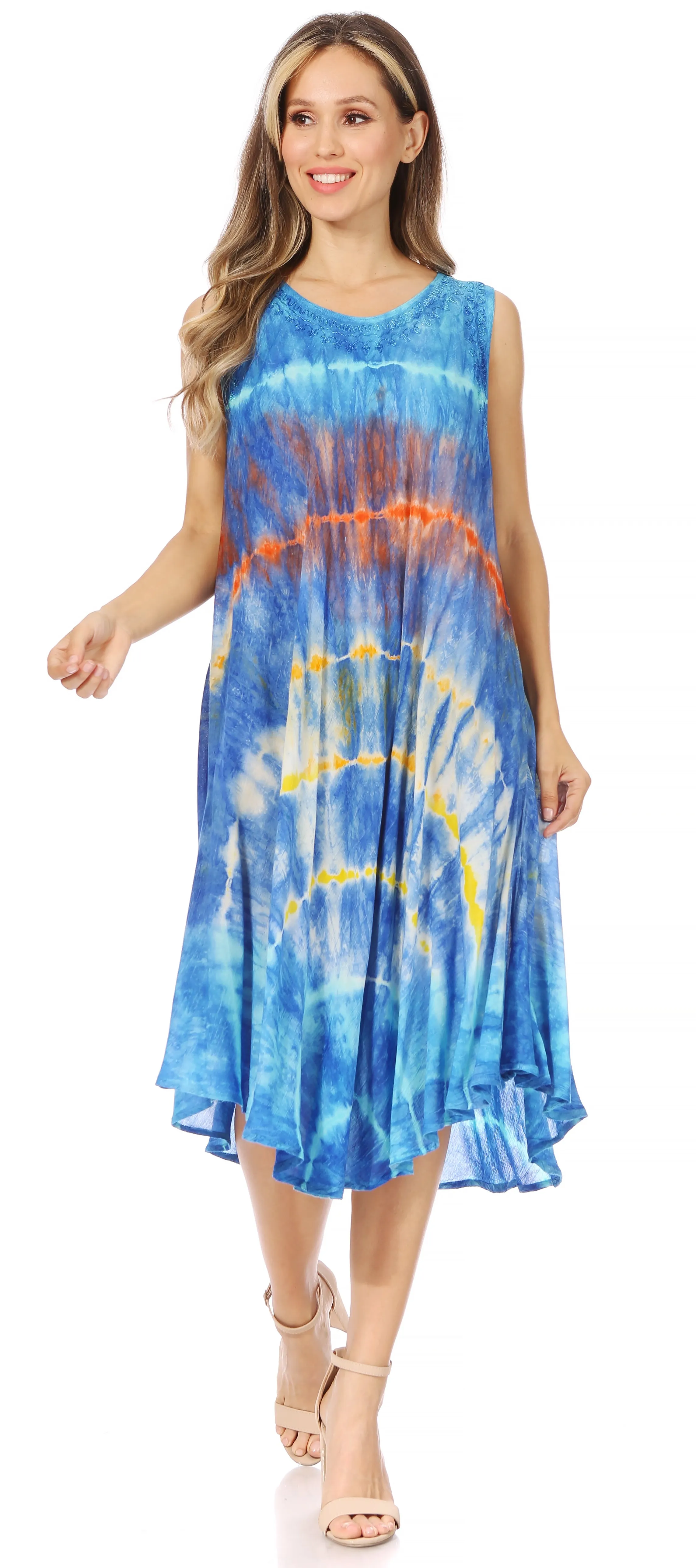 Sakkas Nora Sleeveless Embroidered Short Tie Dye Caftan Dress / Cover Up