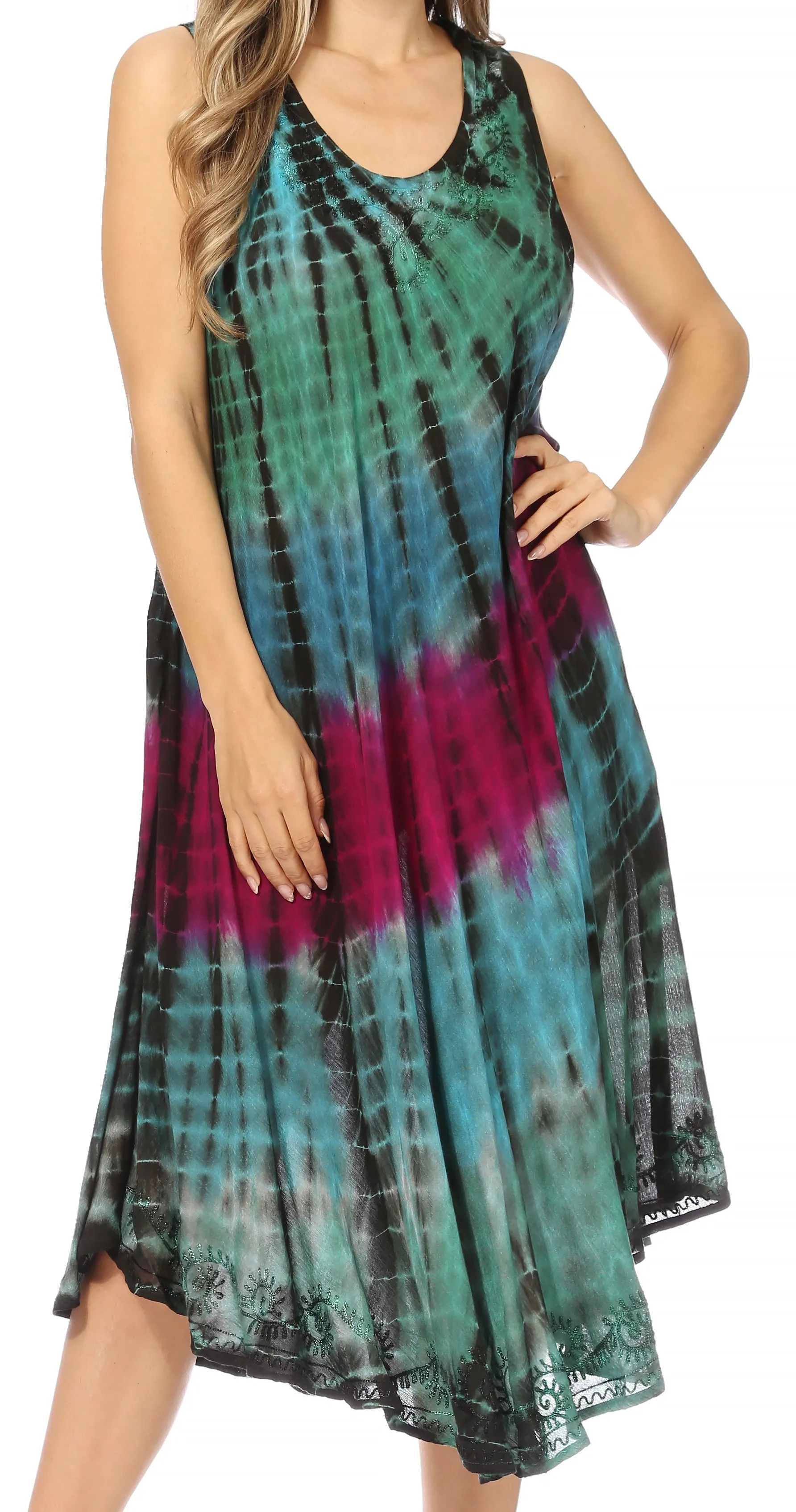 Sakkas Nora Sleeveless Embroidered Short Tie Dye Caftan Dress / Cover Up