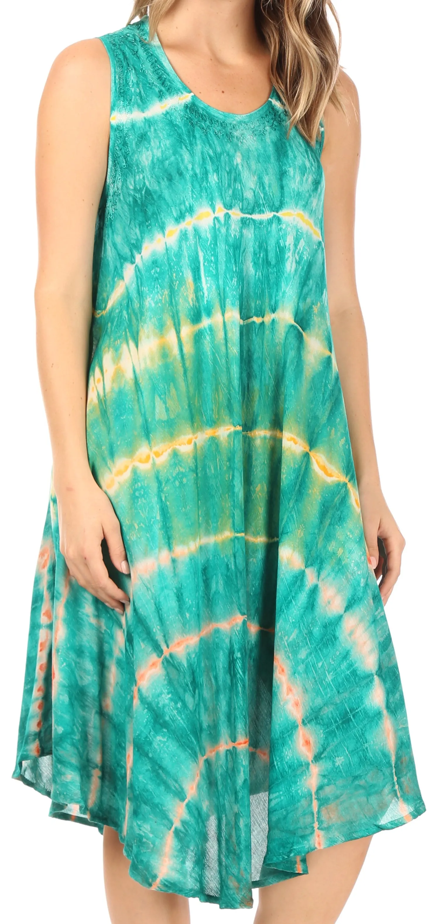 Sakkas Nora Sleeveless Embroidered Short Tie Dye Caftan Dress / Cover Up