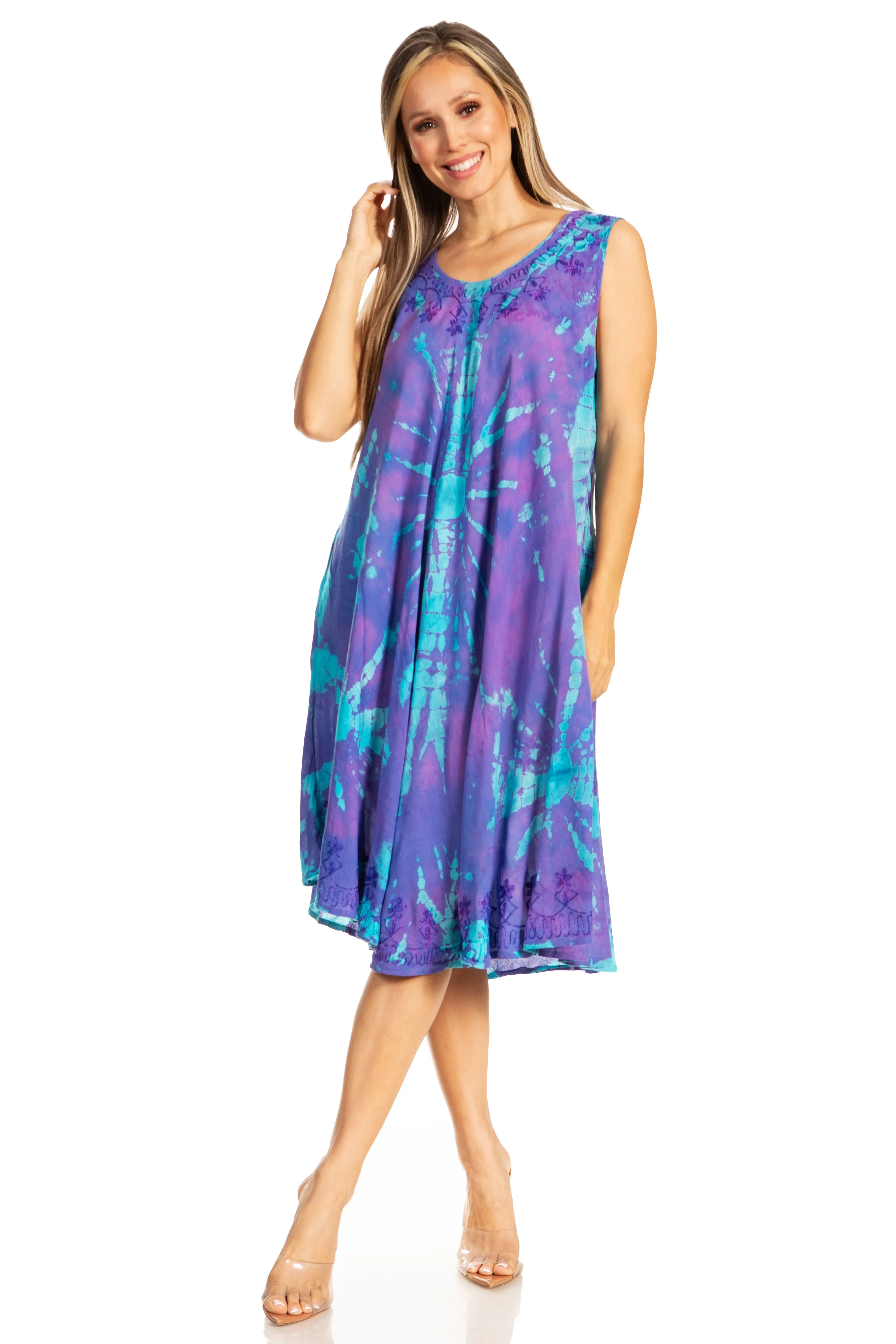 Sakkas Nora Sleeveless Embroidered Short Tie Dye Caftan Dress / Cover Up