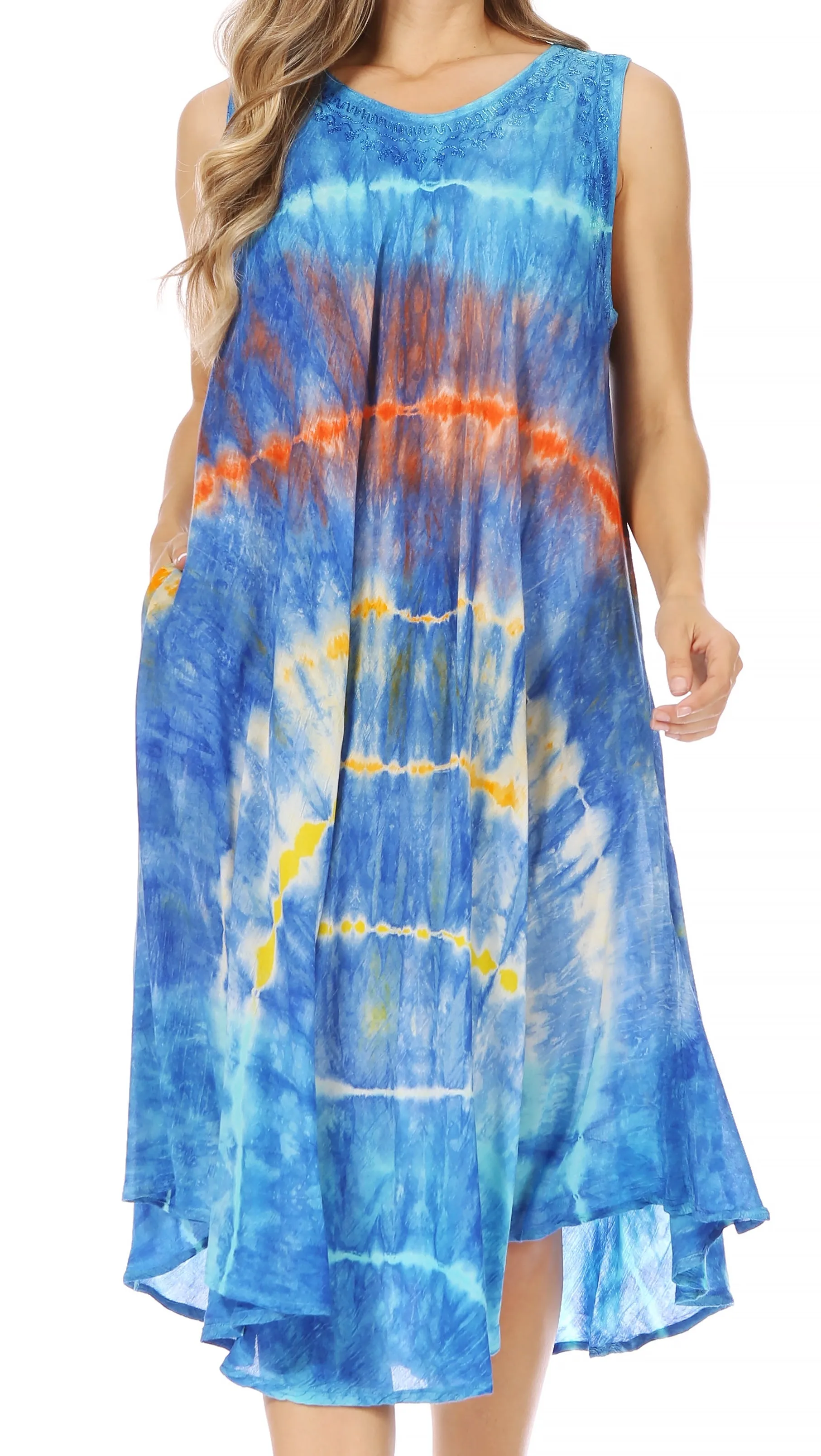 Sakkas Nora Sleeveless Embroidered Short Tie Dye Caftan Dress / Cover Up