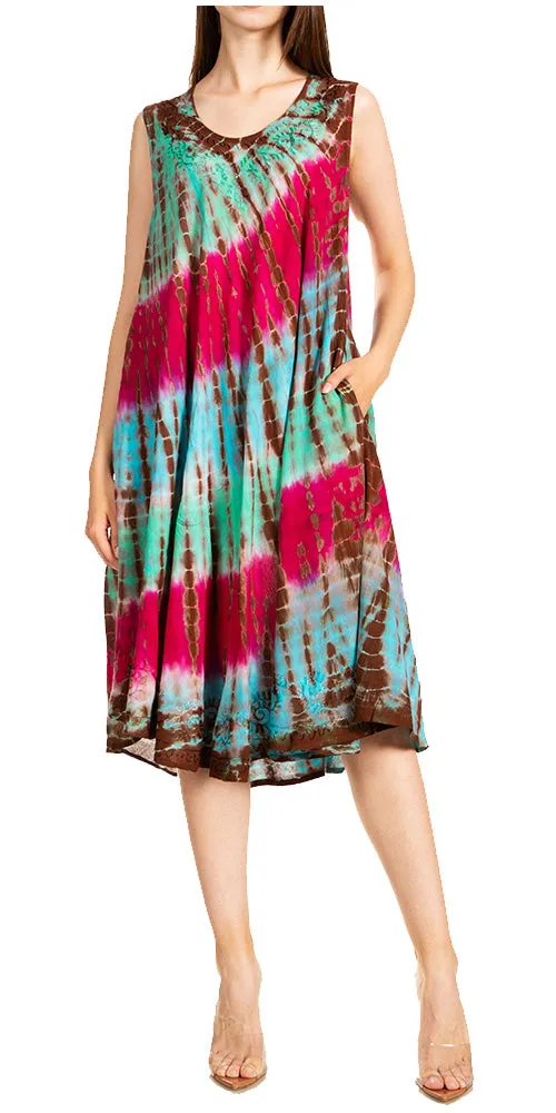 Sakkas Nora Sleeveless Embroidered Short Tie Dye Caftan Dress / Cover Up