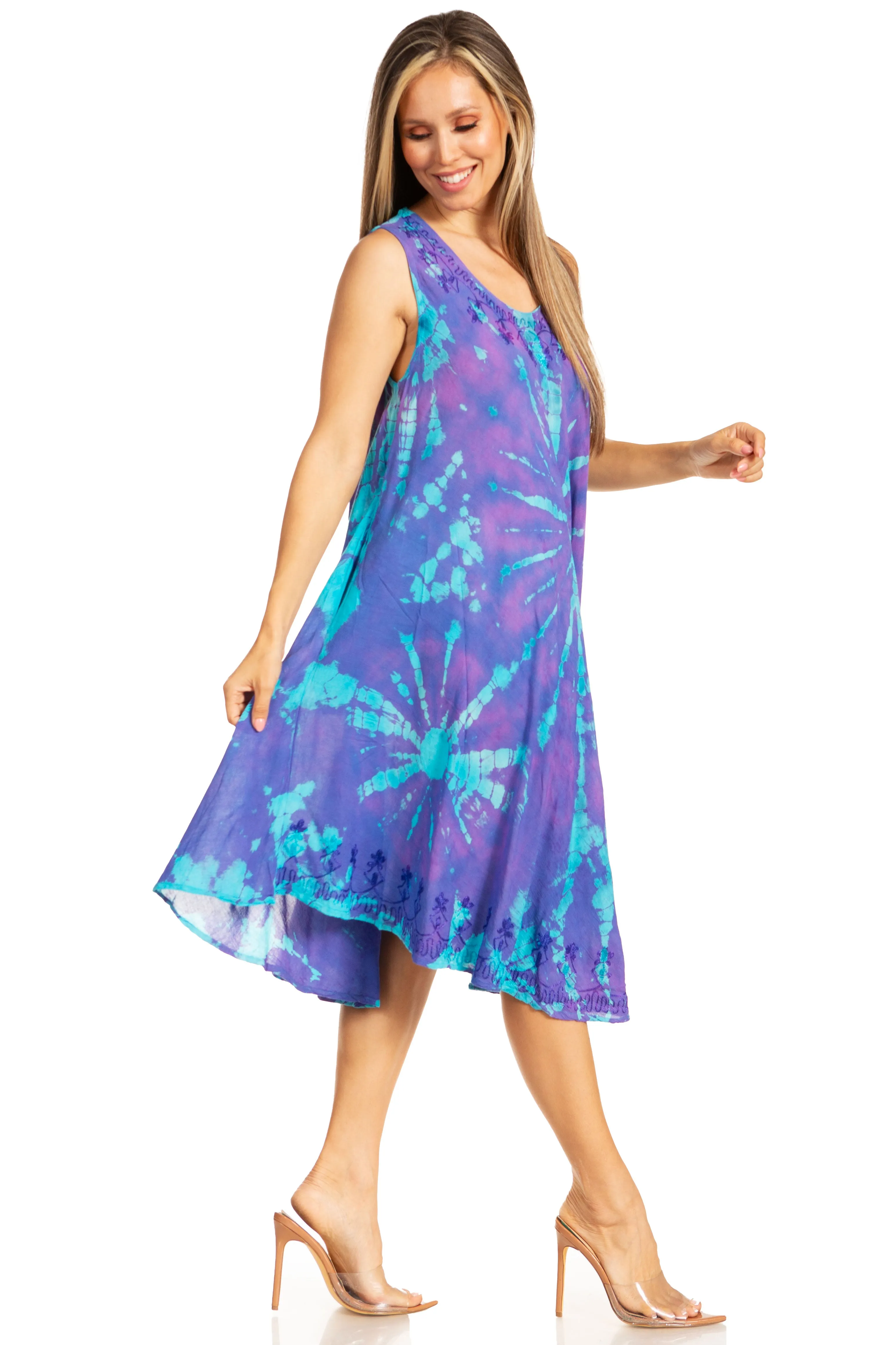 Sakkas Nora Sleeveless Embroidered Short Tie Dye Caftan Dress / Cover Up