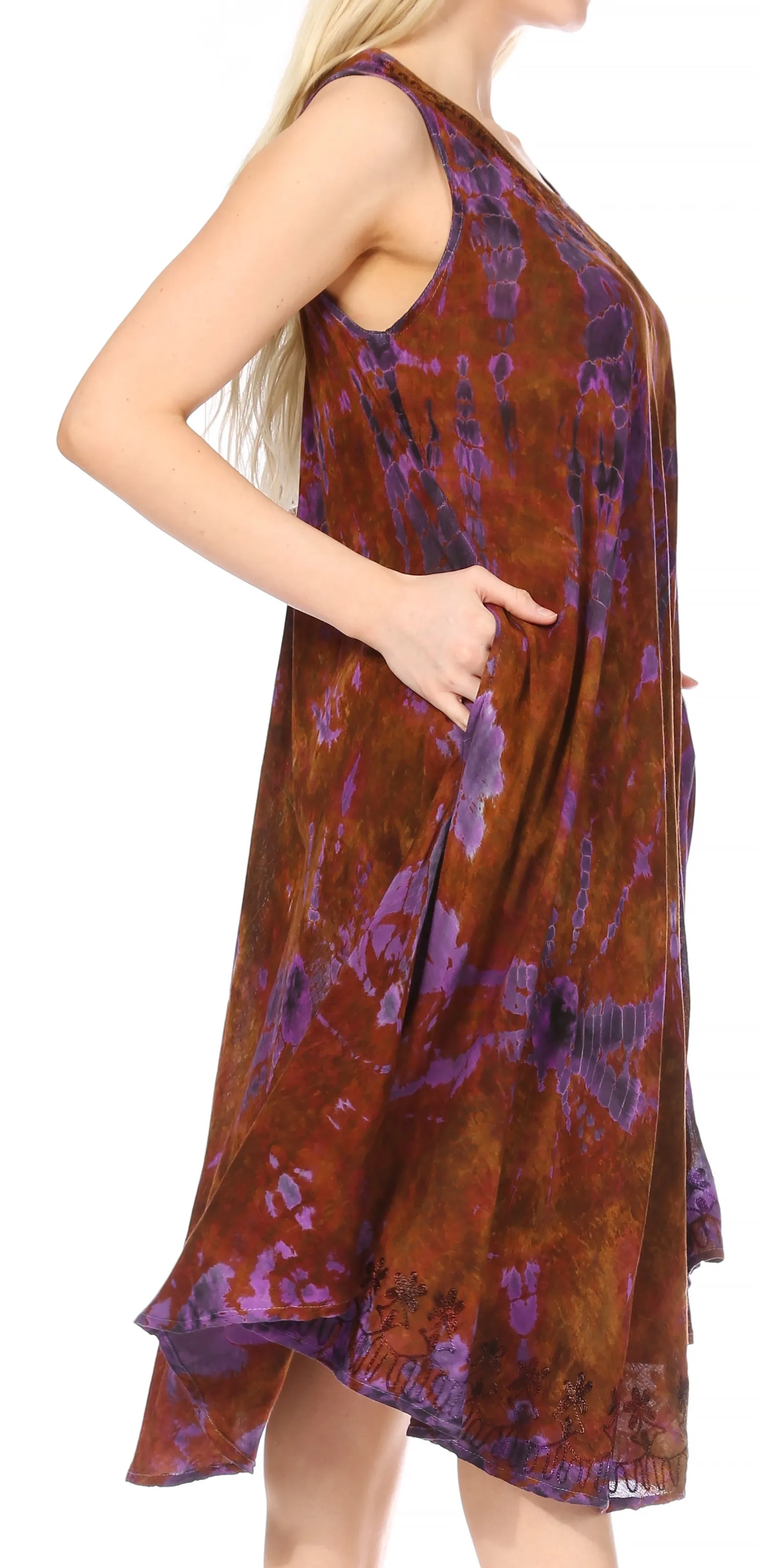 Sakkas Nora Sleeveless Embroidered Short Tie Dye Caftan Dress / Cover Up