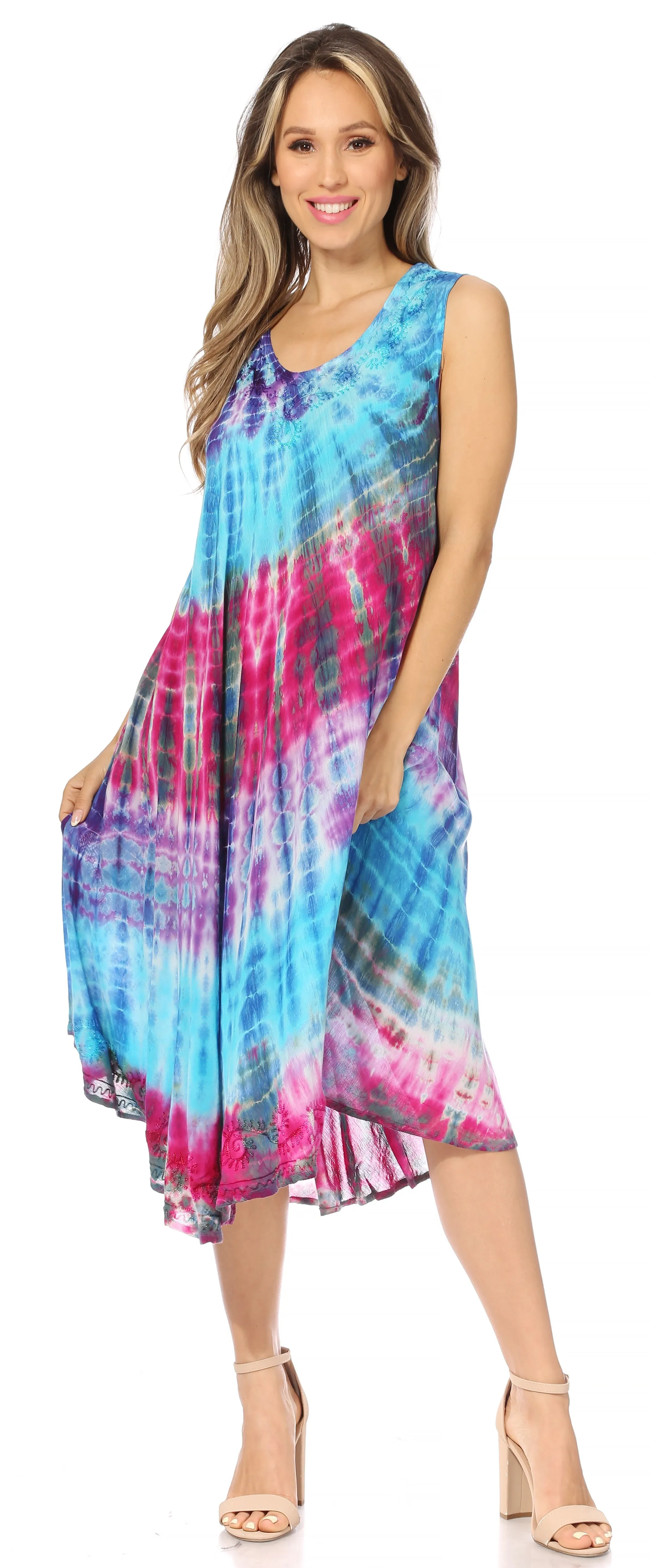 Sakkas Nora Sleeveless Embroidered Short Tie Dye Caftan Dress / Cover Up