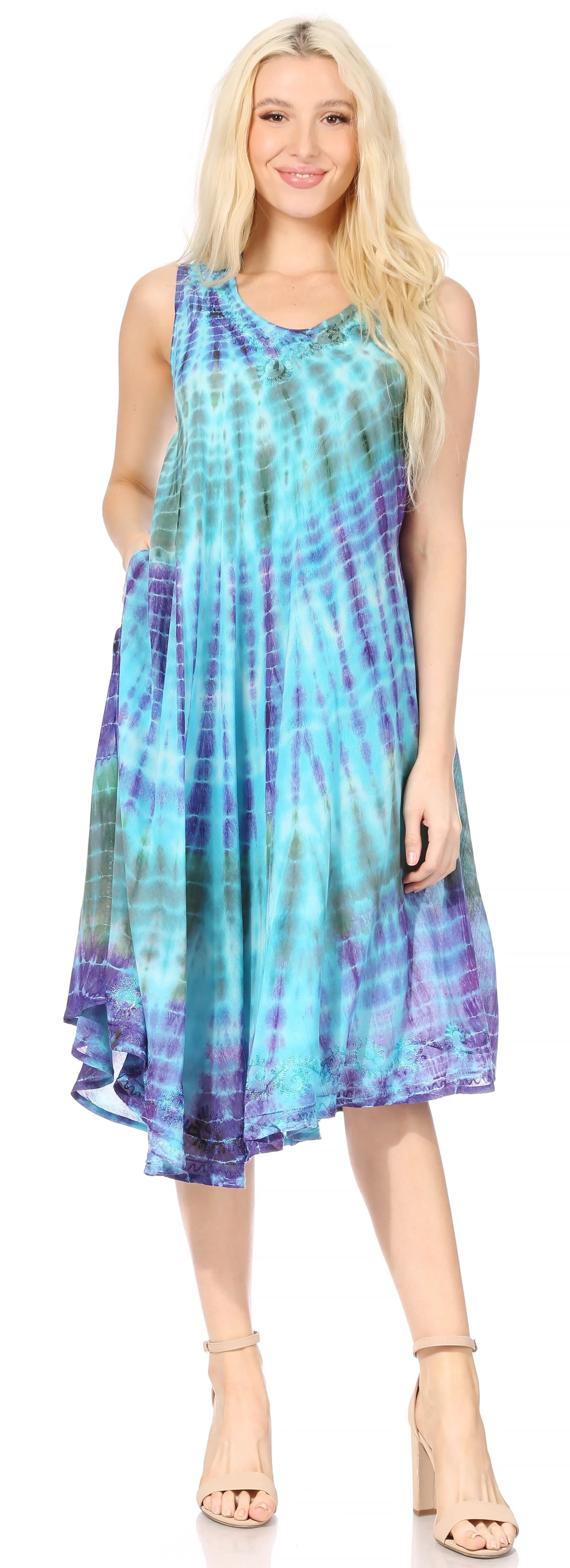 Sakkas Nora Sleeveless Embroidered Short Tie Dye Caftan Dress / Cover Up