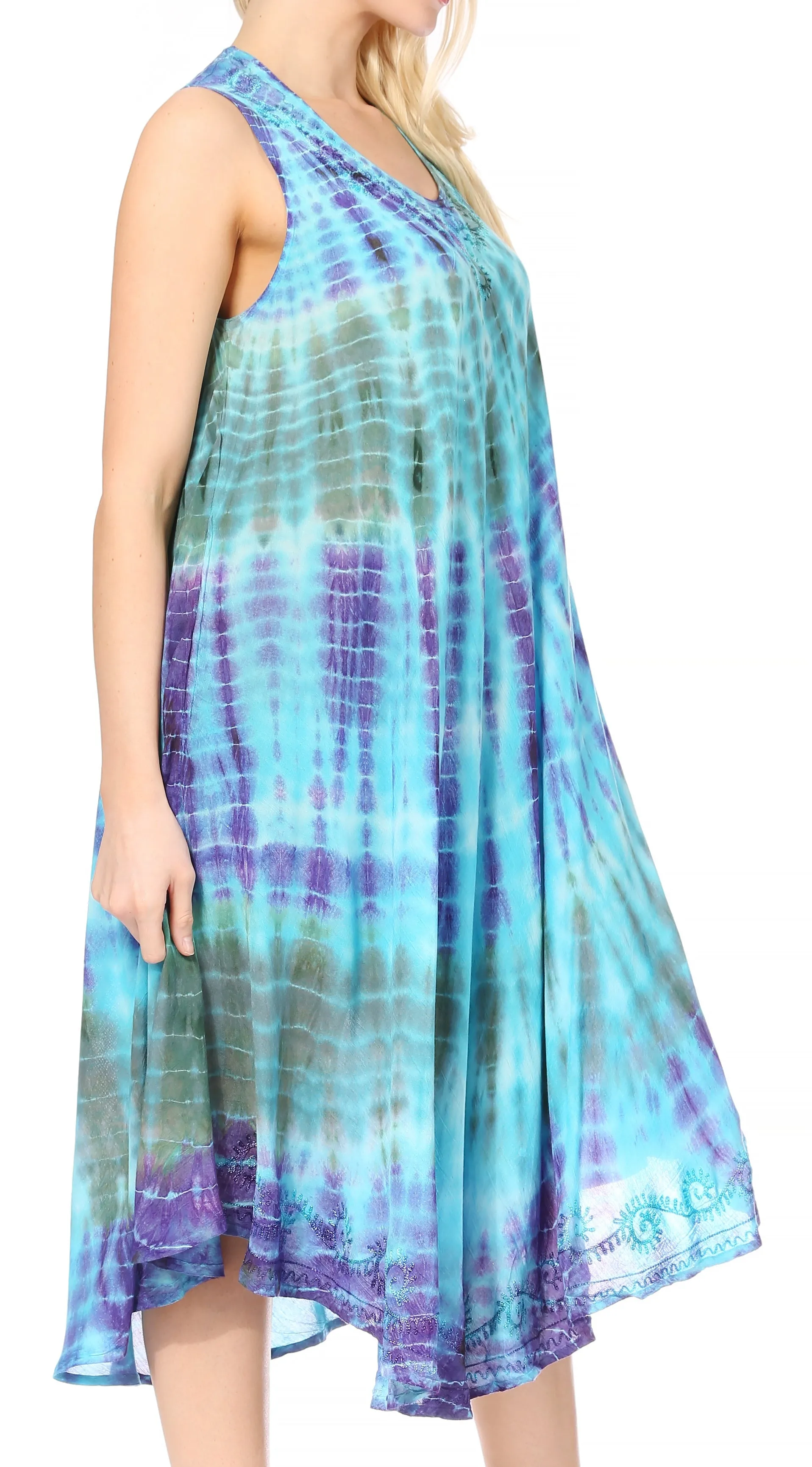 Sakkas Nora Sleeveless Embroidered Short Tie Dye Caftan Dress / Cover Up