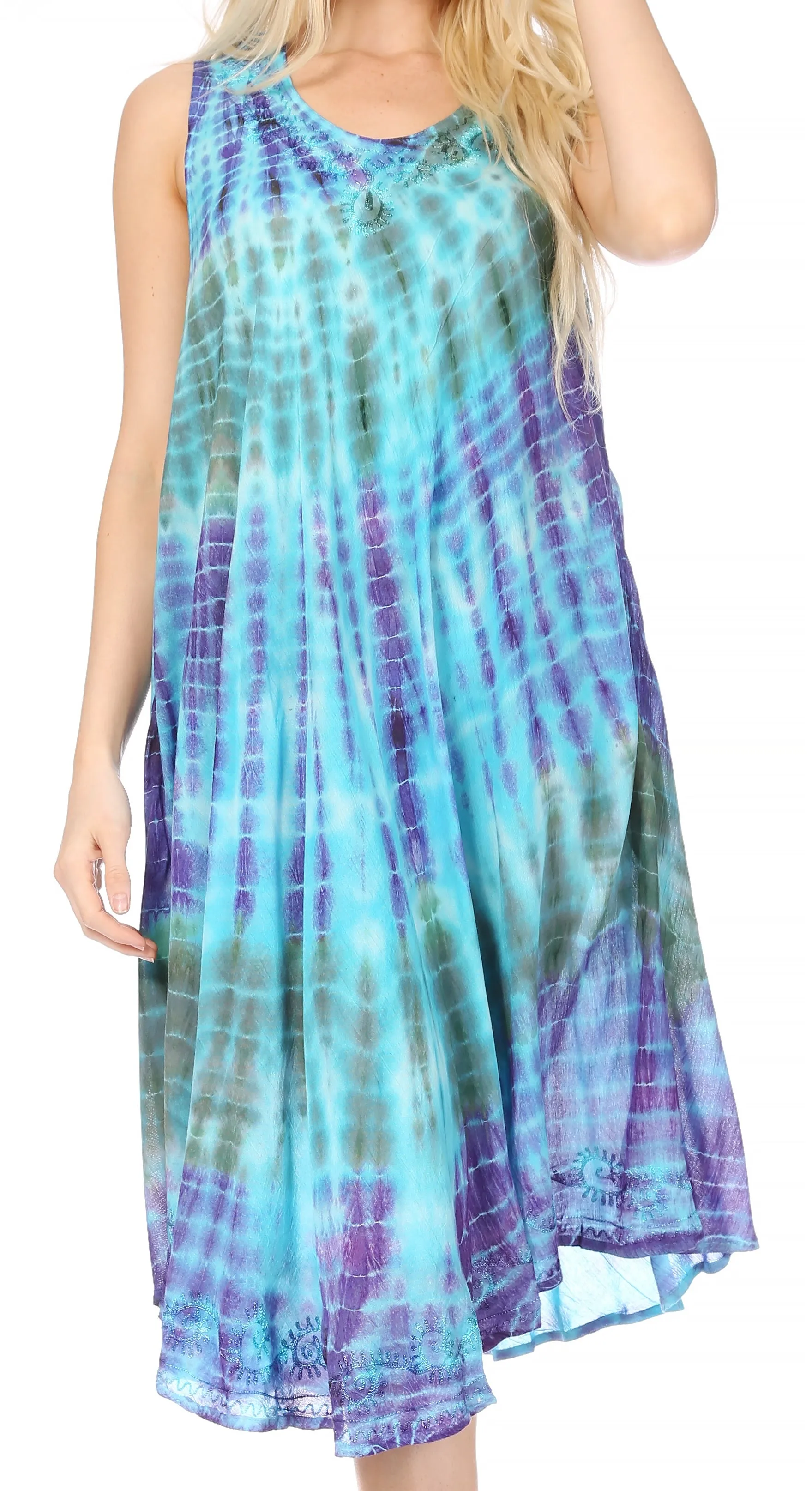 Sakkas Nora Sleeveless Embroidered Short Tie Dye Caftan Dress / Cover Up