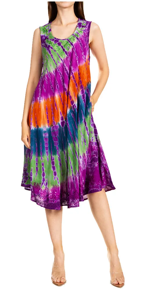 Sakkas Nora Sleeveless Embroidered Short Tie Dye Caftan Dress / Cover Up