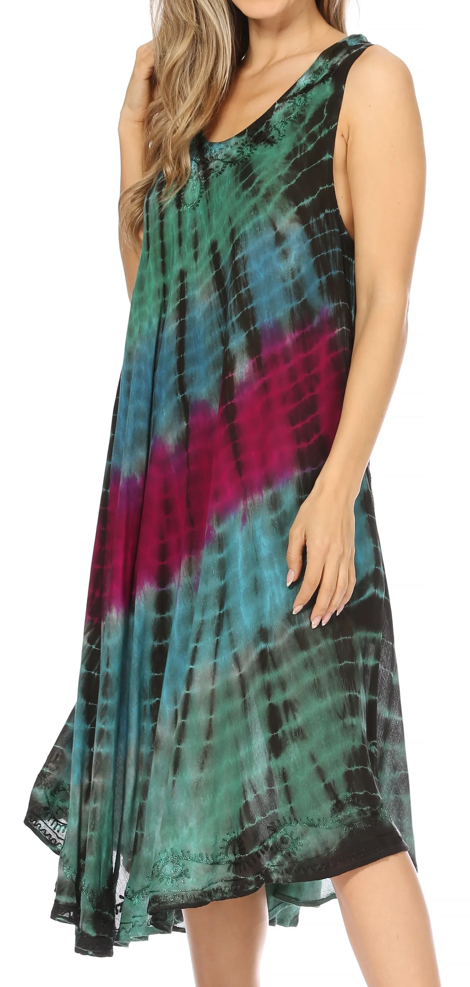 Sakkas Nora Sleeveless Embroidered Short Tie Dye Caftan Dress / Cover Up