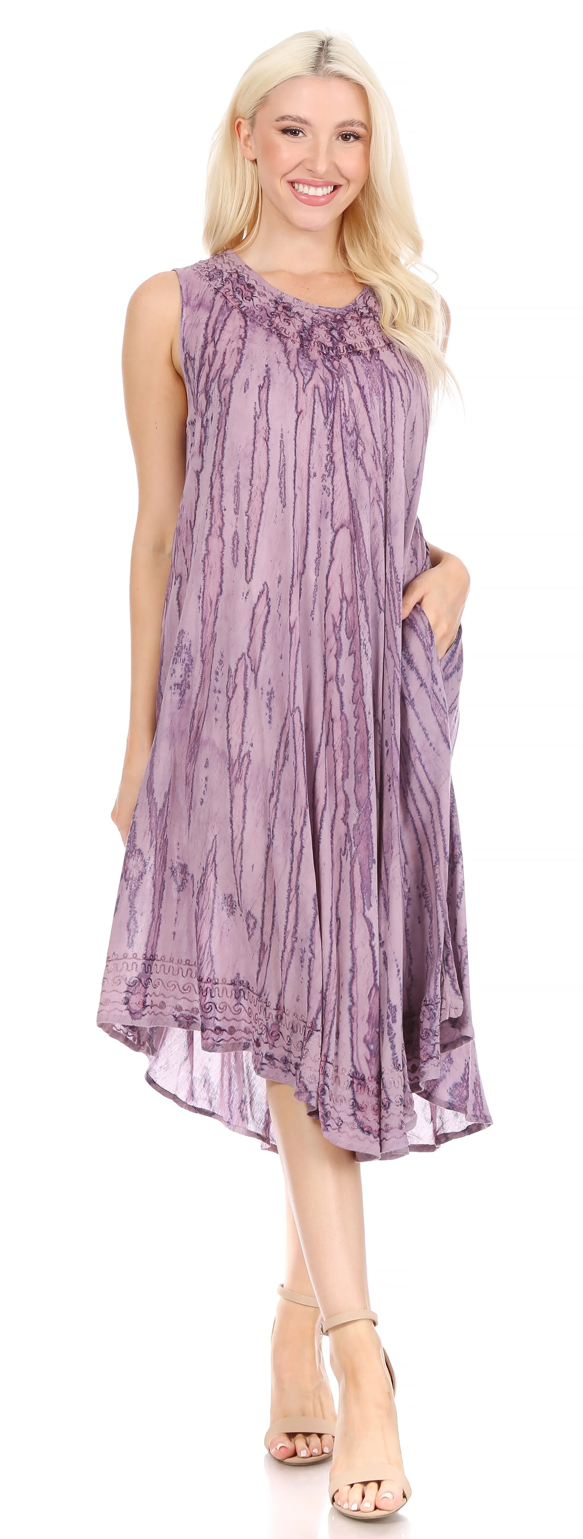 Sakkas Nora Sleeveless Embroidered Short Tie Dye Caftan Dress / Cover Up