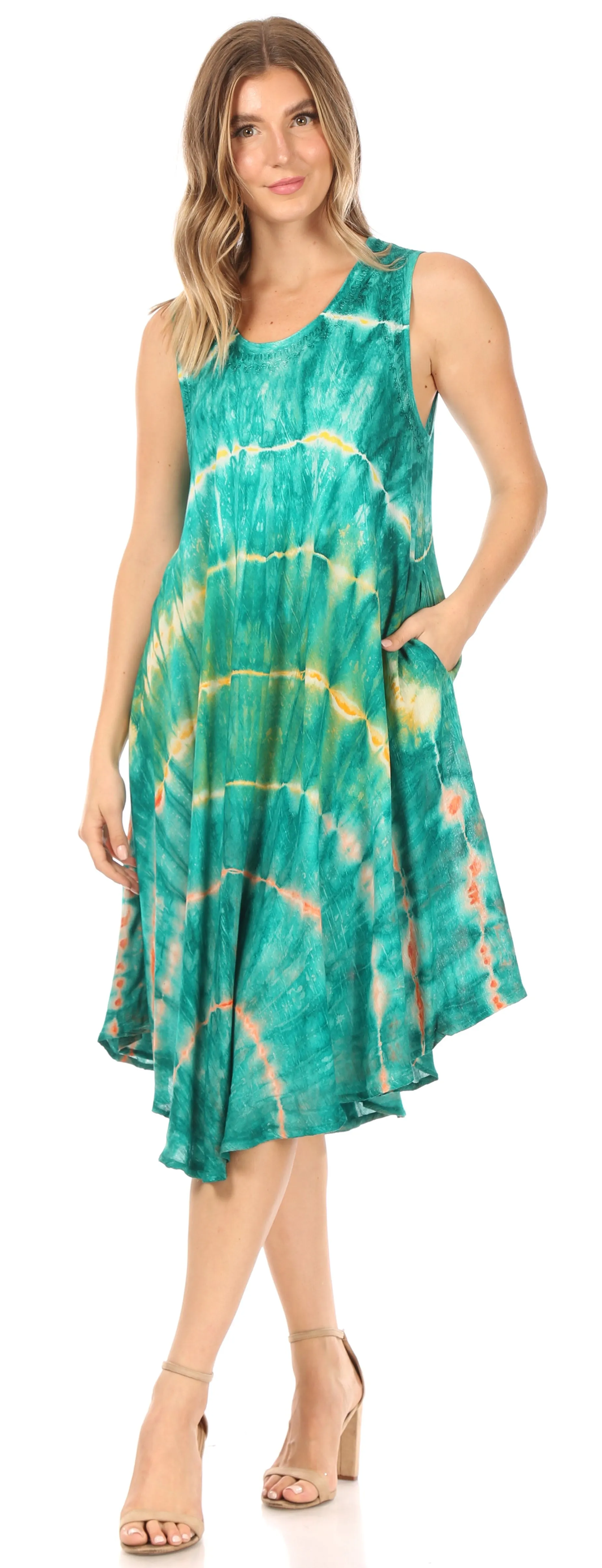 Sakkas Nora Sleeveless Embroidered Short Tie Dye Caftan Dress / Cover Up