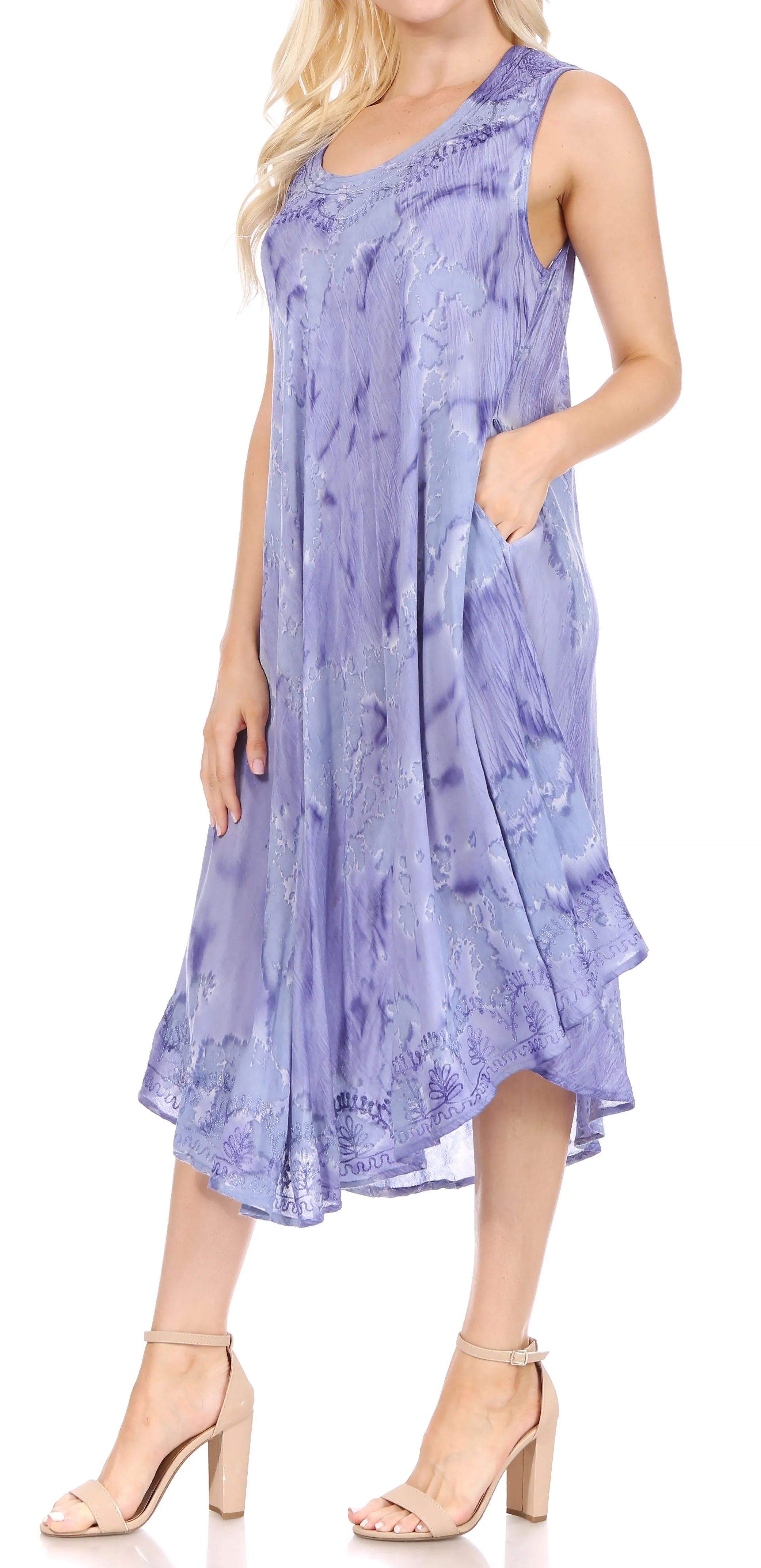 Sakkas Nora Sleeveless Embroidered Short Tie Dye Caftan Dress / Cover Up