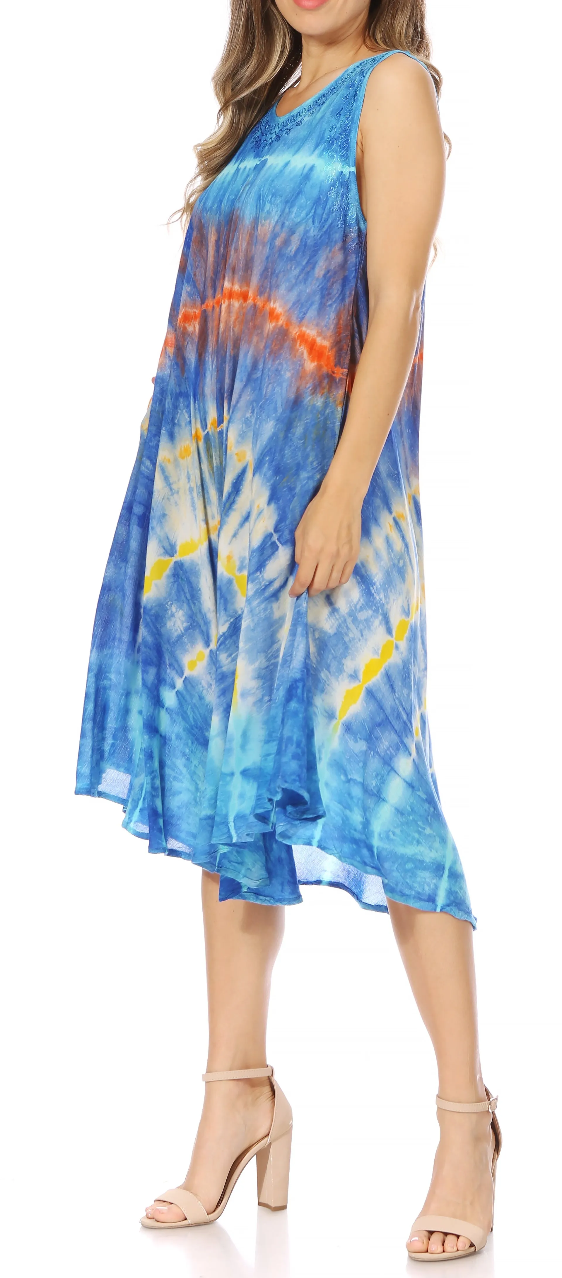 Sakkas Nora Sleeveless Embroidered Short Tie Dye Caftan Dress / Cover Up