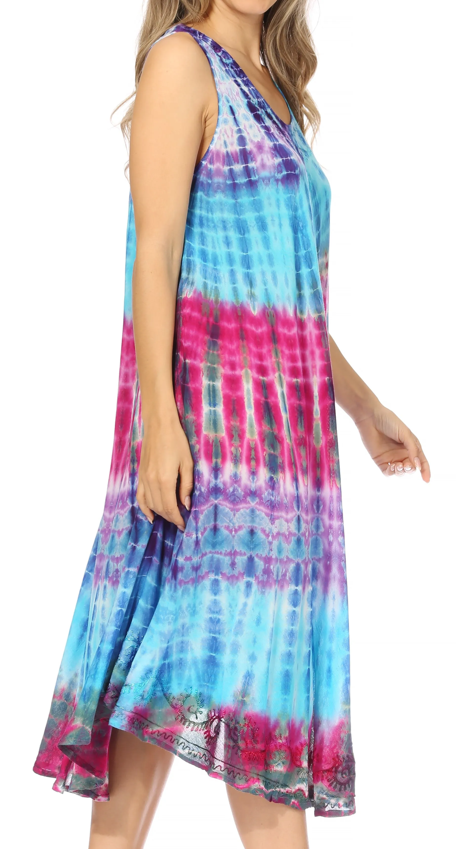 Sakkas Nora Sleeveless Embroidered Short Tie Dye Caftan Dress / Cover Up