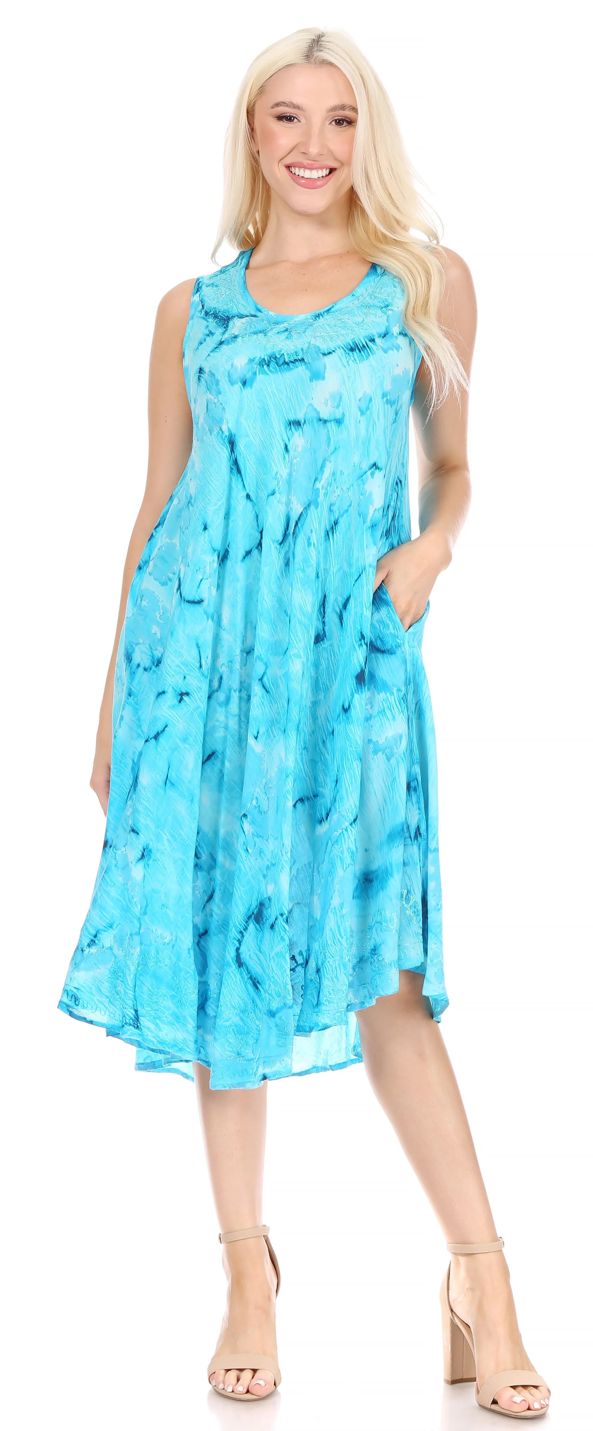 Sakkas Nora Sleeveless Embroidered Short Tie Dye Caftan Dress / Cover Up