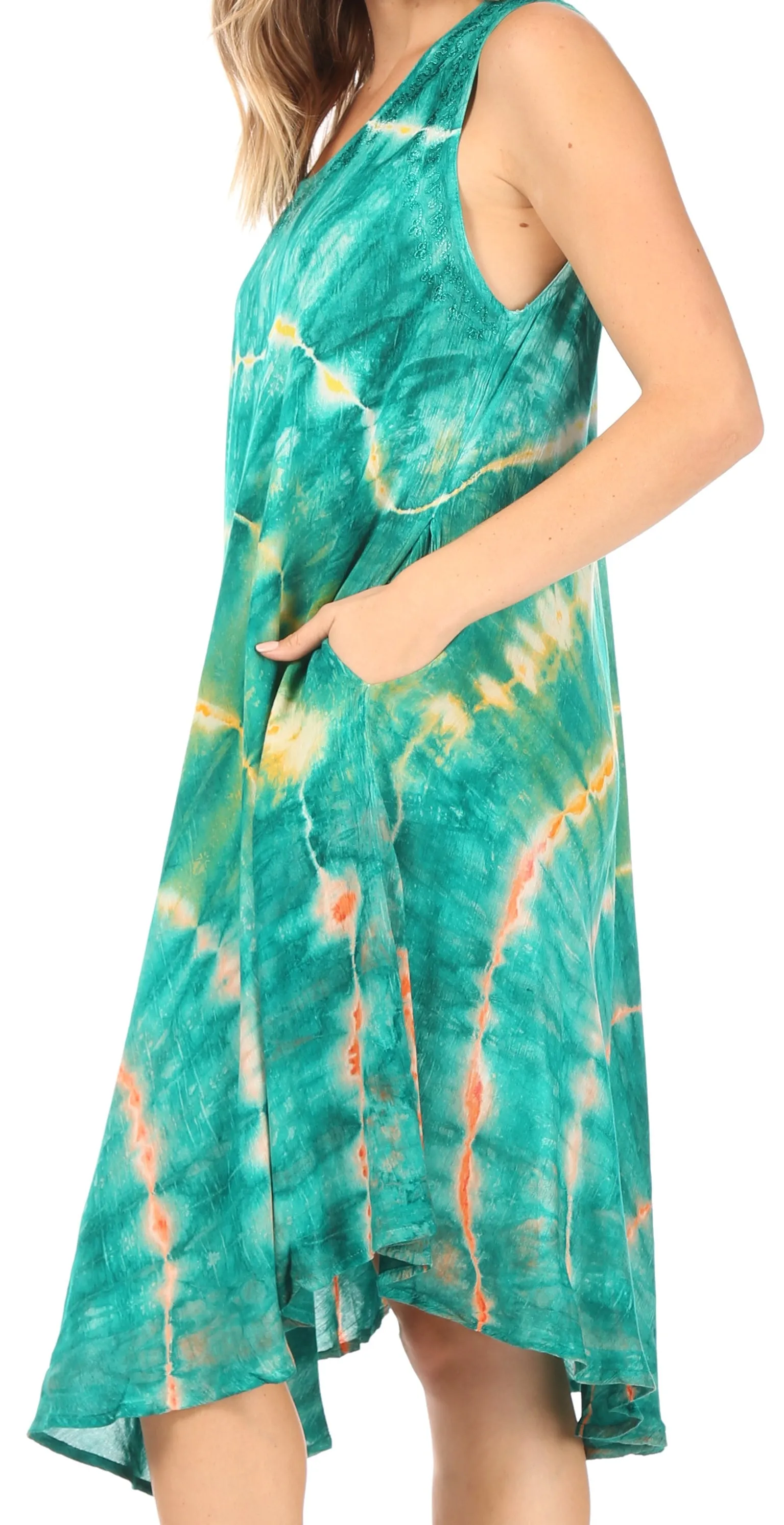 Sakkas Nora Sleeveless Embroidered Short Tie Dye Caftan Dress / Cover Up