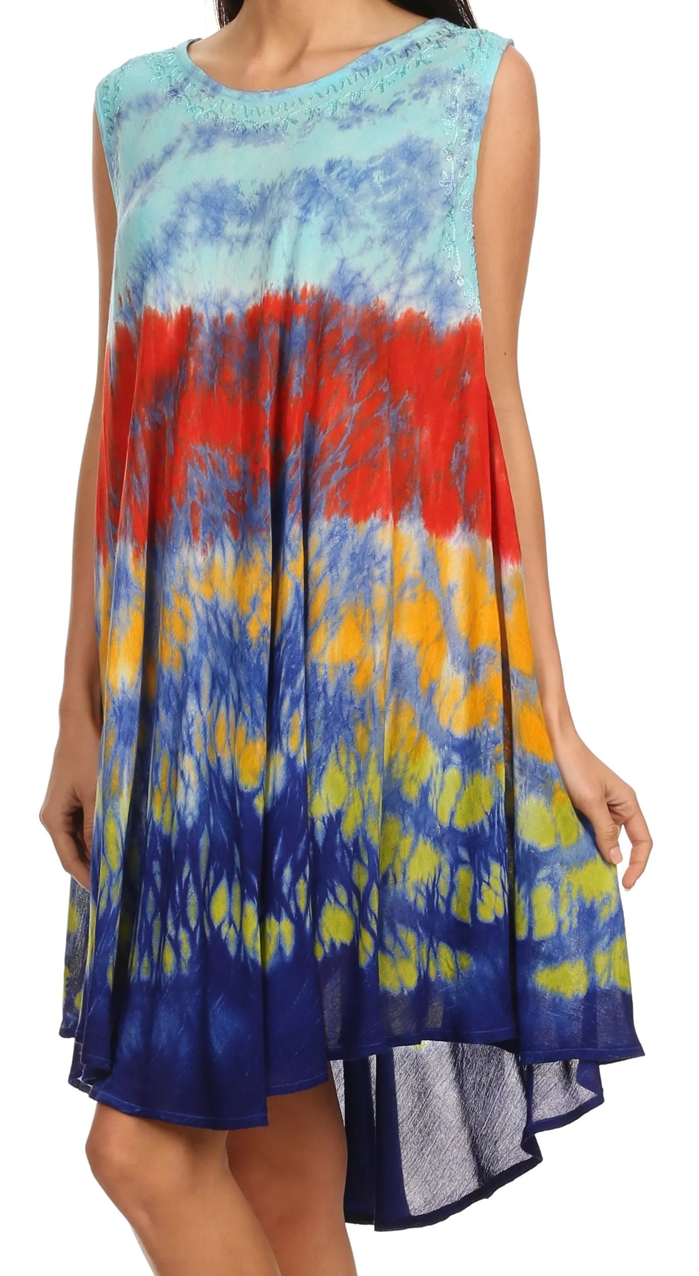 Sakkas Nora Sleeveless Embroidered Short Tie Dye Caftan Dress / Cover Up