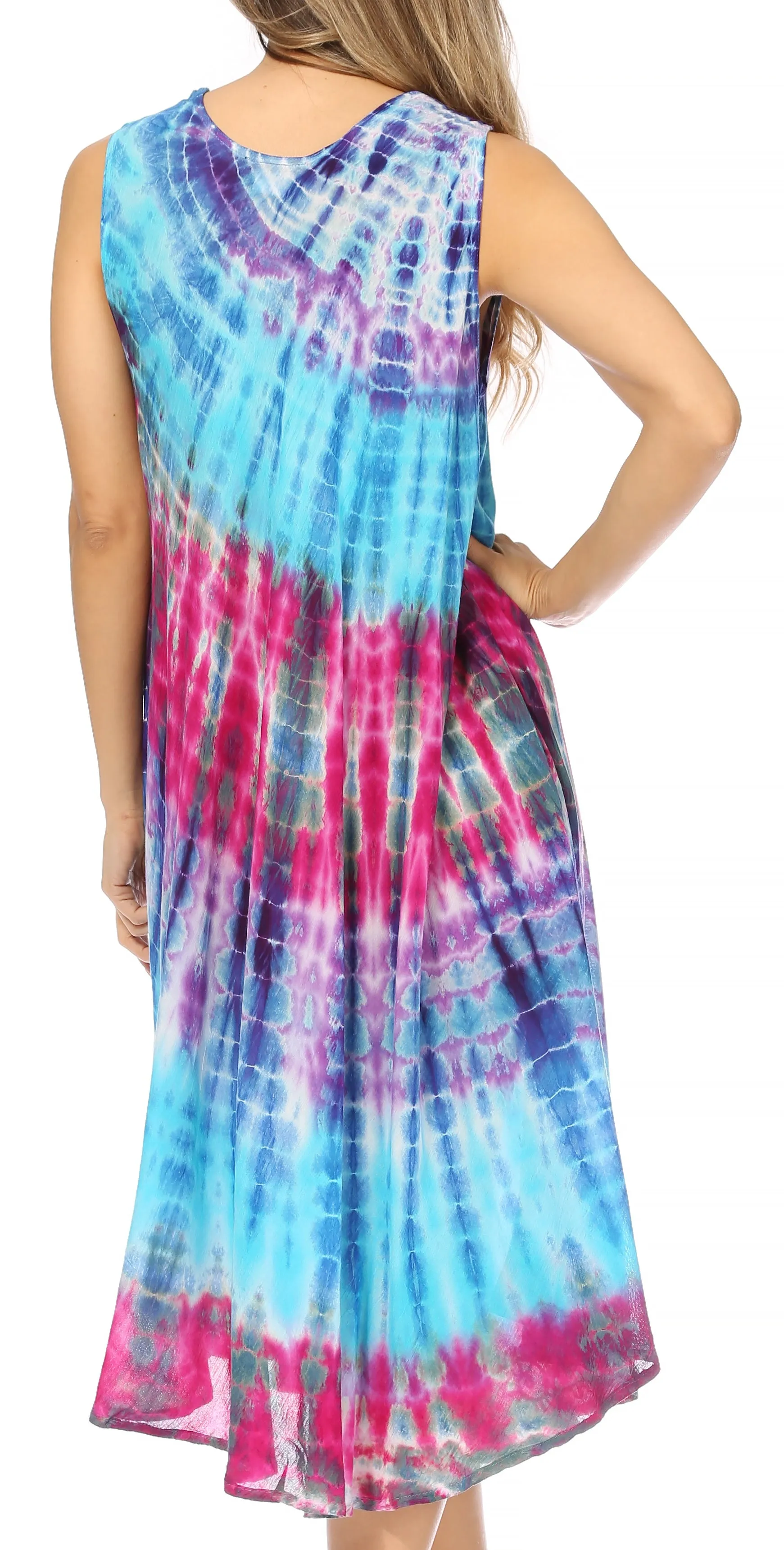 Sakkas Nora Sleeveless Embroidered Short Tie Dye Caftan Dress / Cover Up