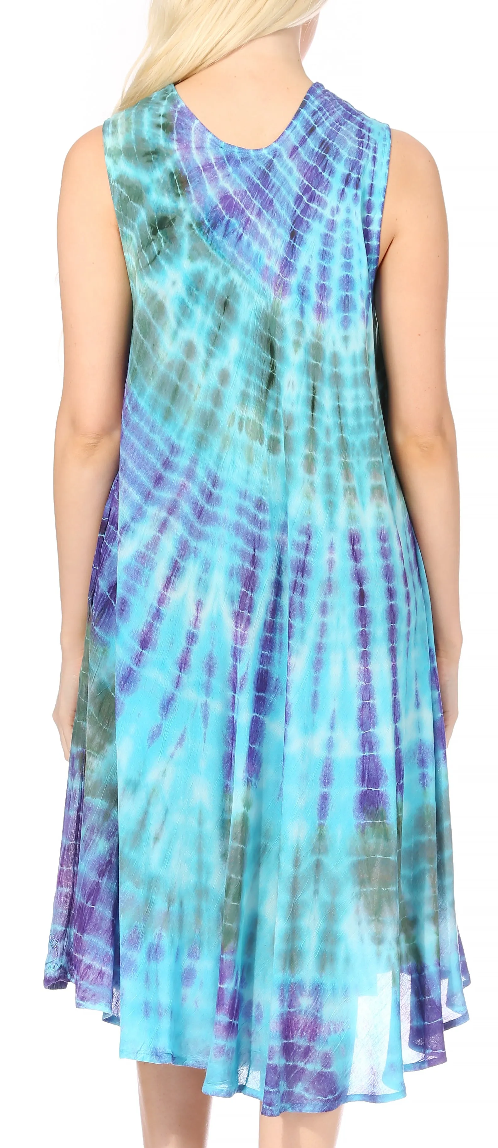 Sakkas Nora Sleeveless Embroidered Short Tie Dye Caftan Dress / Cover Up