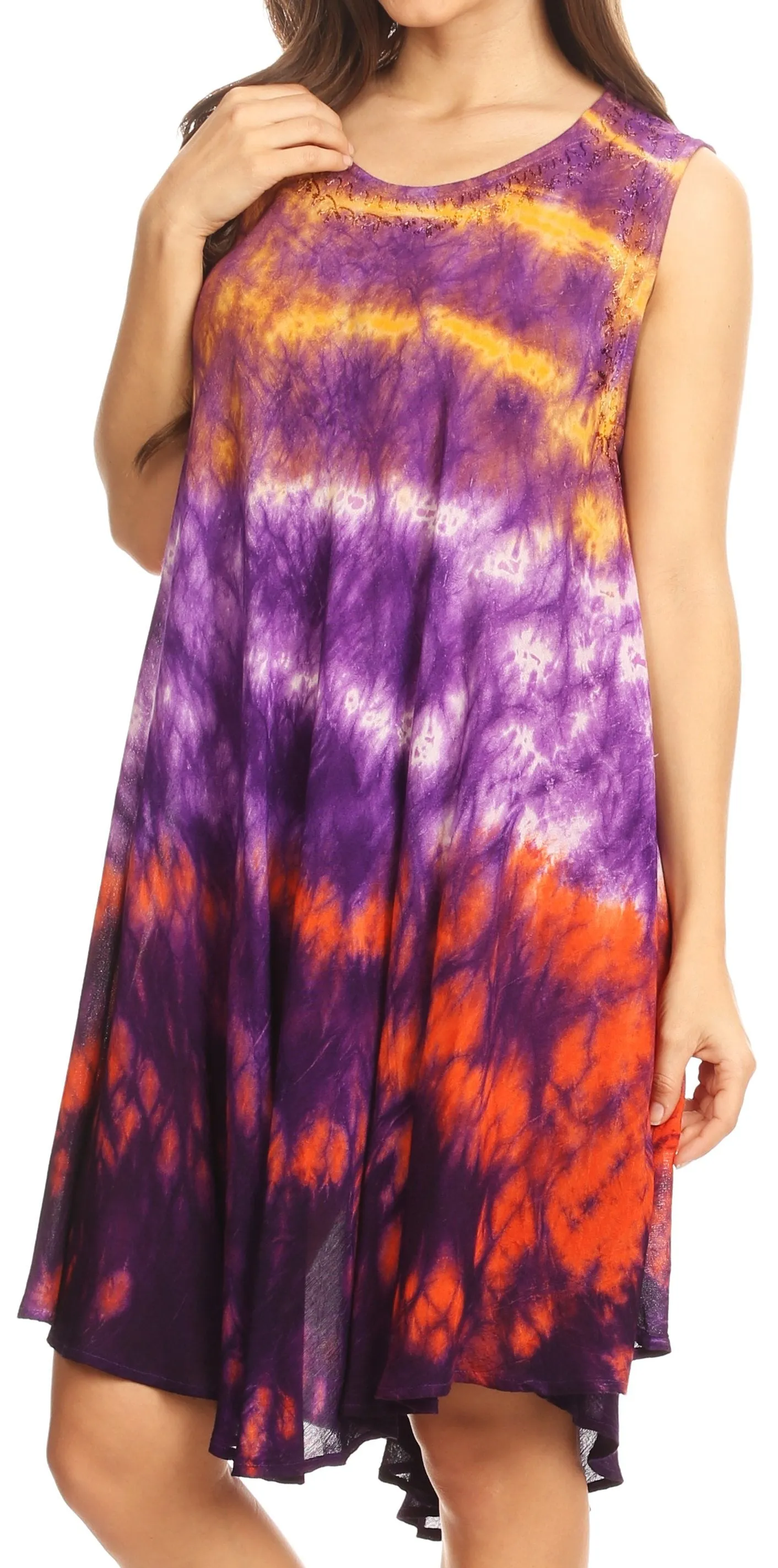 Sakkas Nora Sleeveless Embroidered Short Tie Dye Caftan Dress / Cover Up