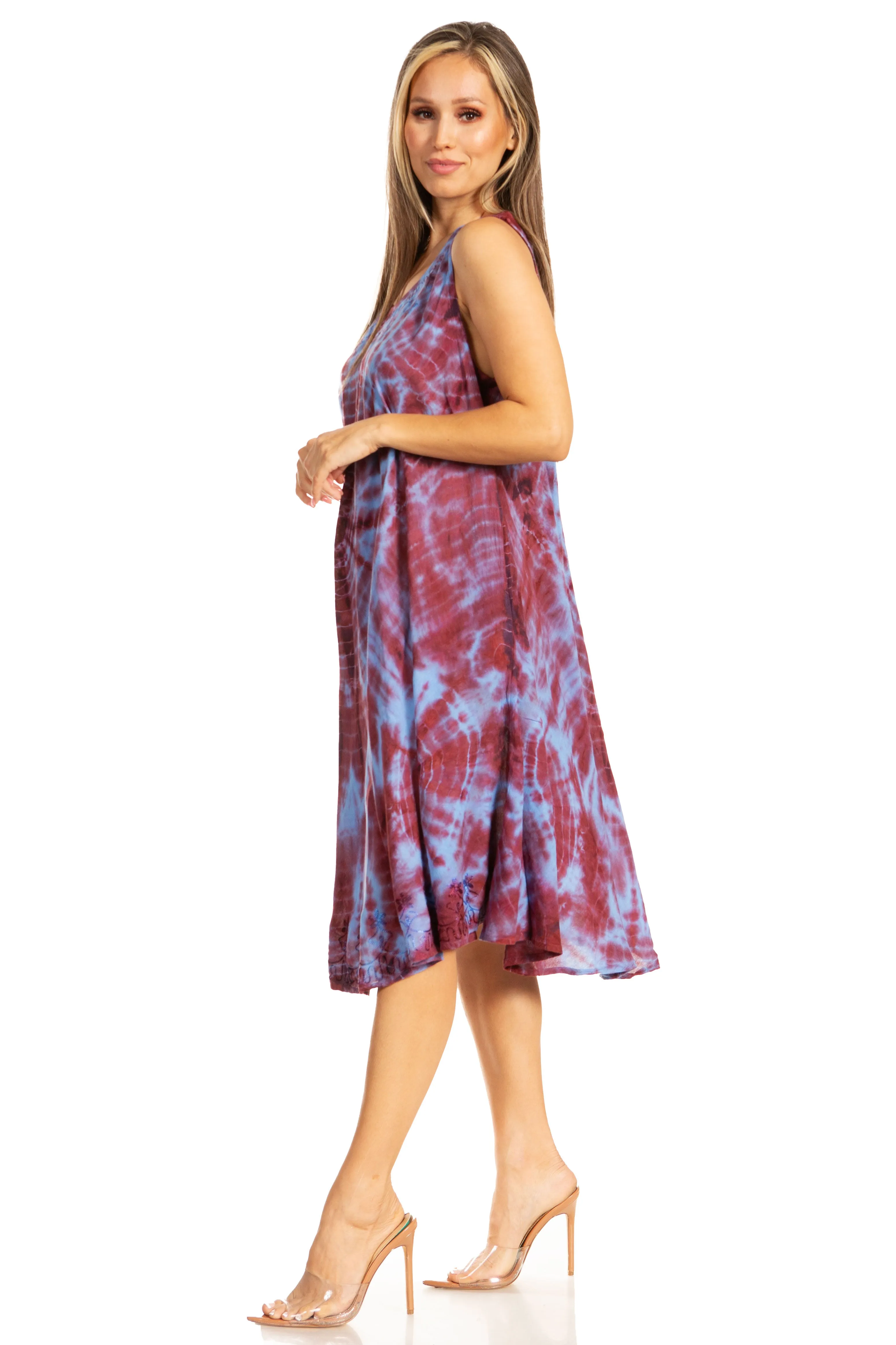 Sakkas Nora Sleeveless Embroidered Short Tie Dye Caftan Dress / Cover Up