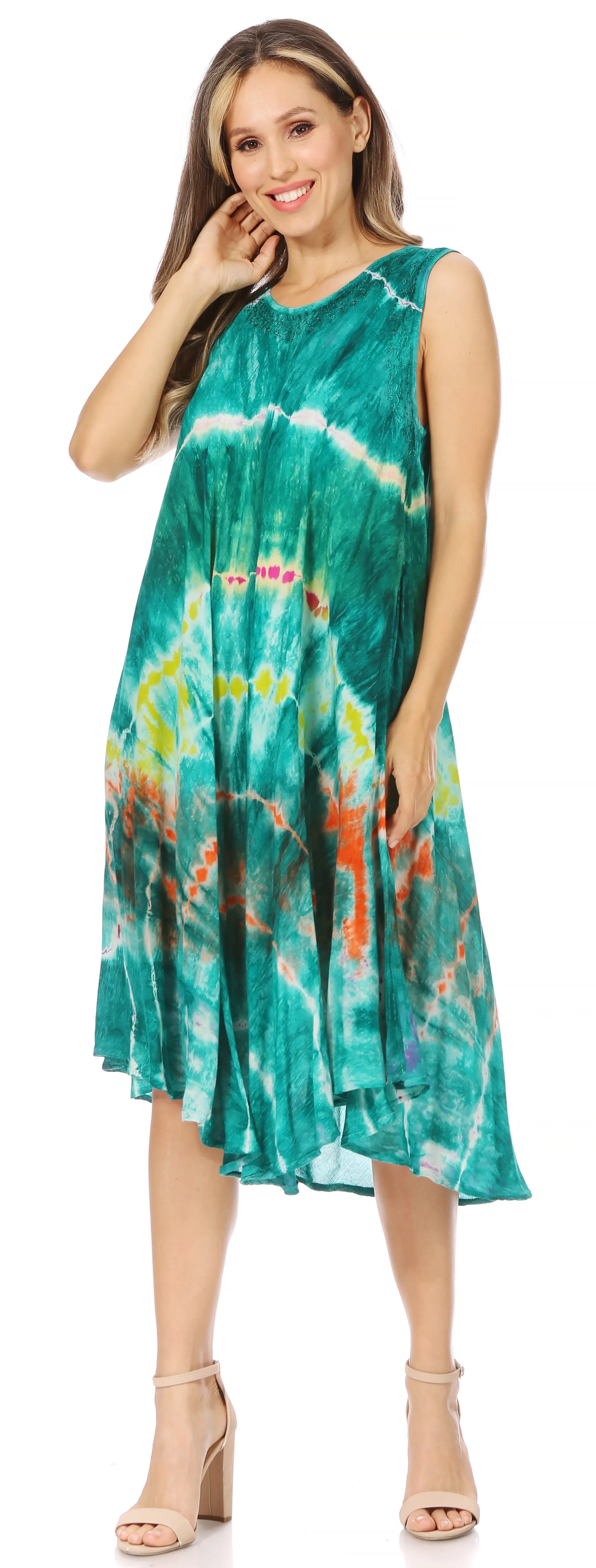 Sakkas Nora Sleeveless Embroidered Short Tie Dye Caftan Dress / Cover Up